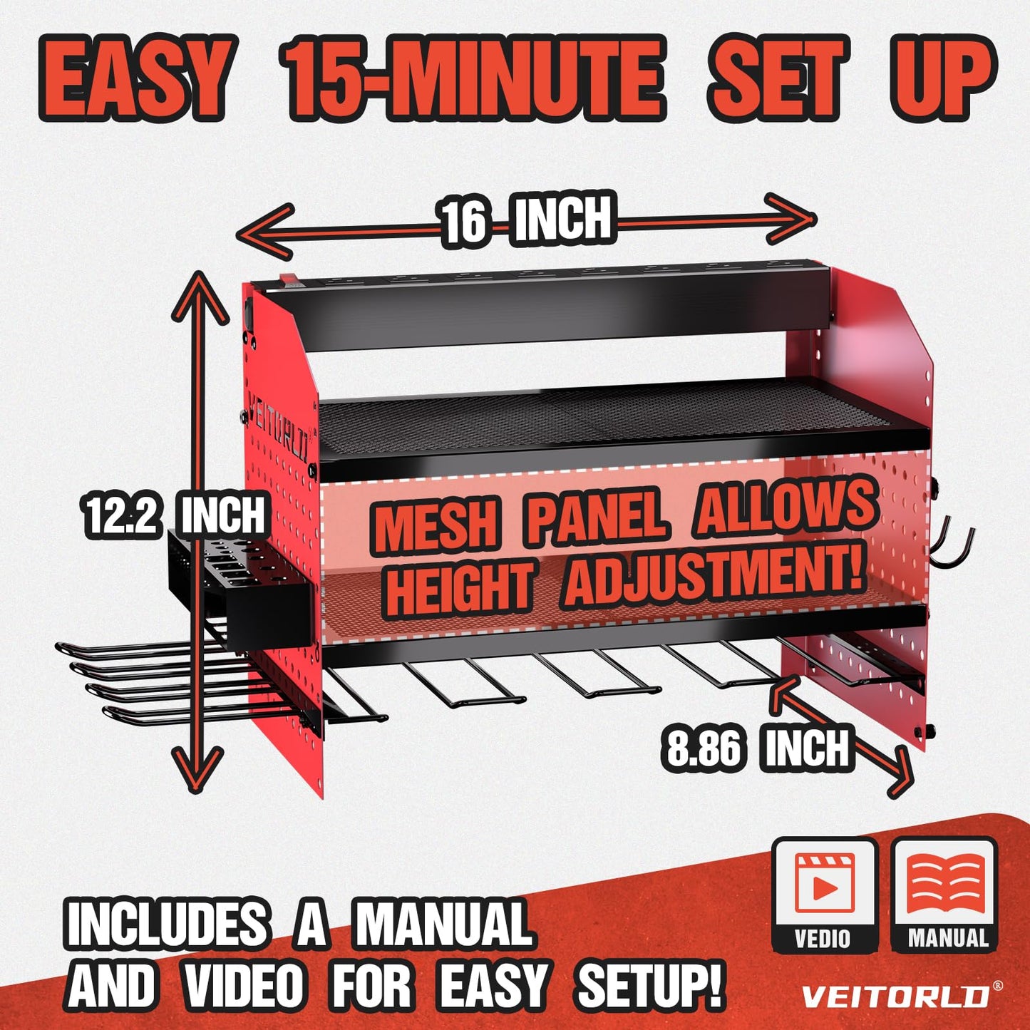 Power Tool Organizer with Charging Station, Heavy Duty Modular Wall Mount Rack for Garage & Shed Organization, 4 Drill Holders, Fathers Day Anniversary Birthday Gifts for Men Dad Him Husband(Red)