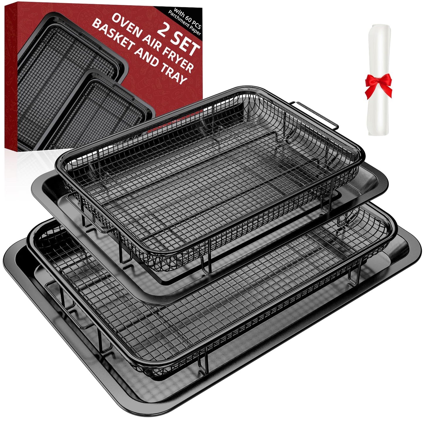 Air Fryer Basket, 2 Set Oven Air Fryer Basket and Tray with 60 PCS Parchment Papers, DEGOVIN Crisper Tray Non-stick Stainless Steel Air Fry Pans for Convection Oven(14.88"×10.98"& 13"× 9.7"-Black)
