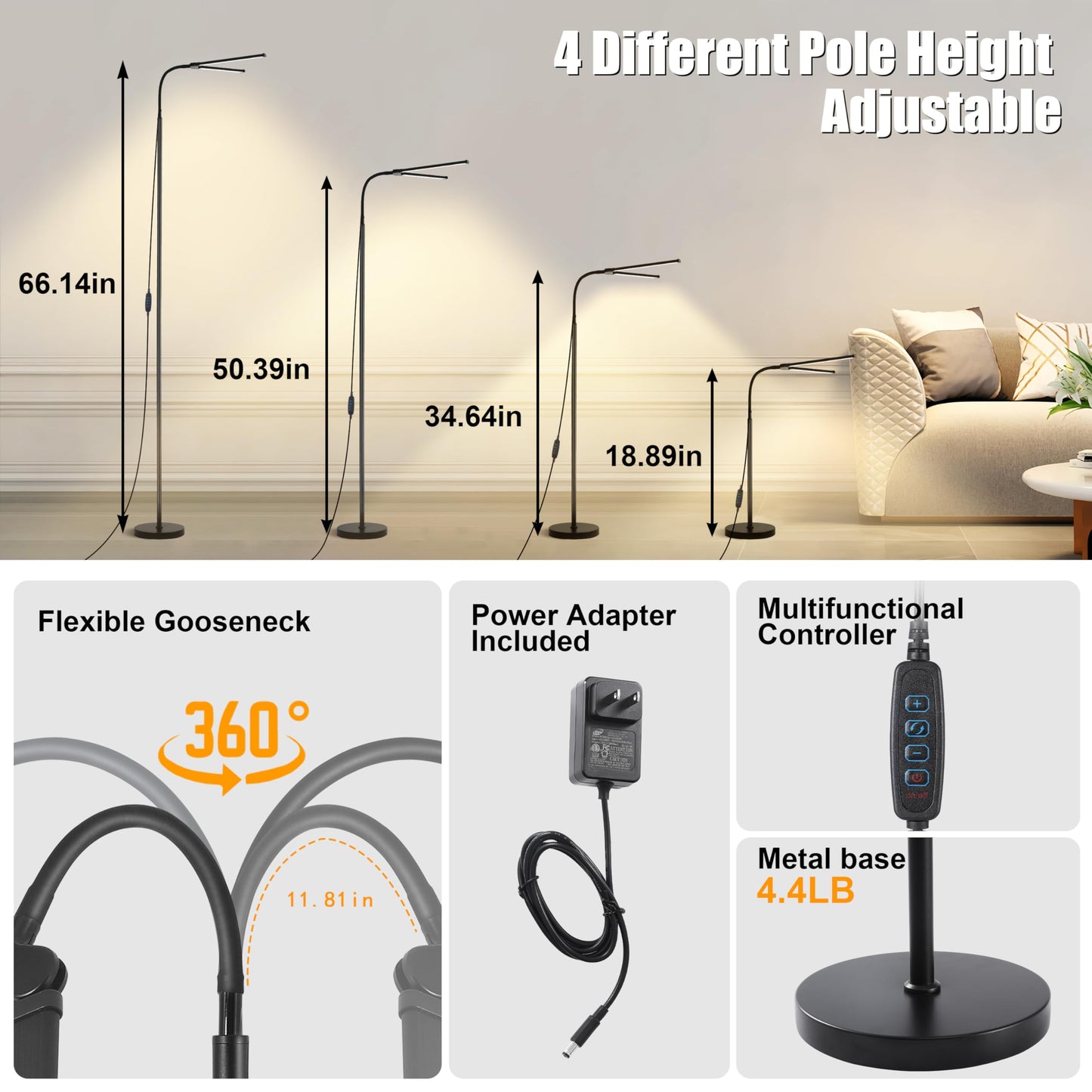 JhauvMw 18W Dual Head LED Floor Lamp, Extended Flexible Gooseneck, Eye-Caring 3 Color Modes & 10 Brightness Levels, 4 Detachable Poles, USB Standing Light for Living Room, Bedroom, Office Reading