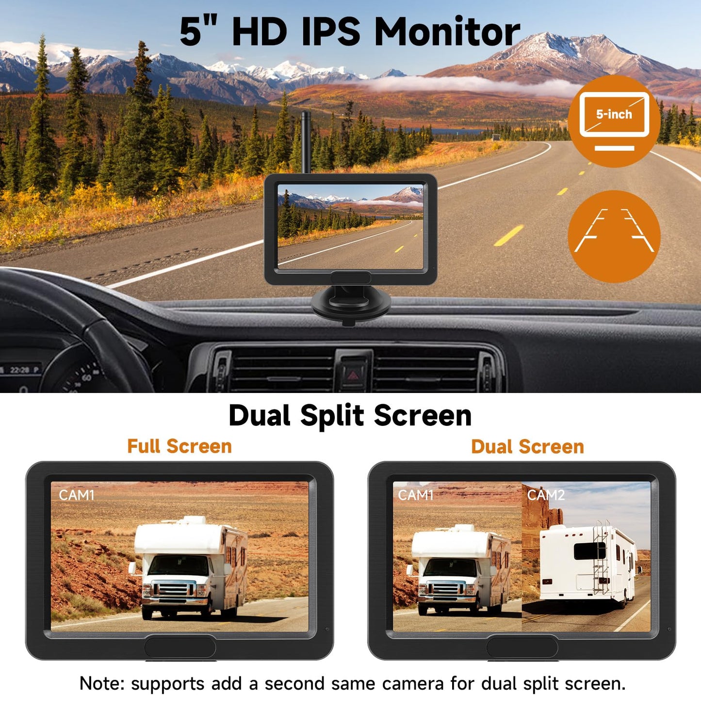 Magnetic Solar Wireless Backup Camera with 5” HD Monitor No Wiring Rechargeable Battery IP68 IR Night Vision Rearview Camera System for Car RV Truck 5th Wheels Skid Steer Horse Trailer Hitch Camera