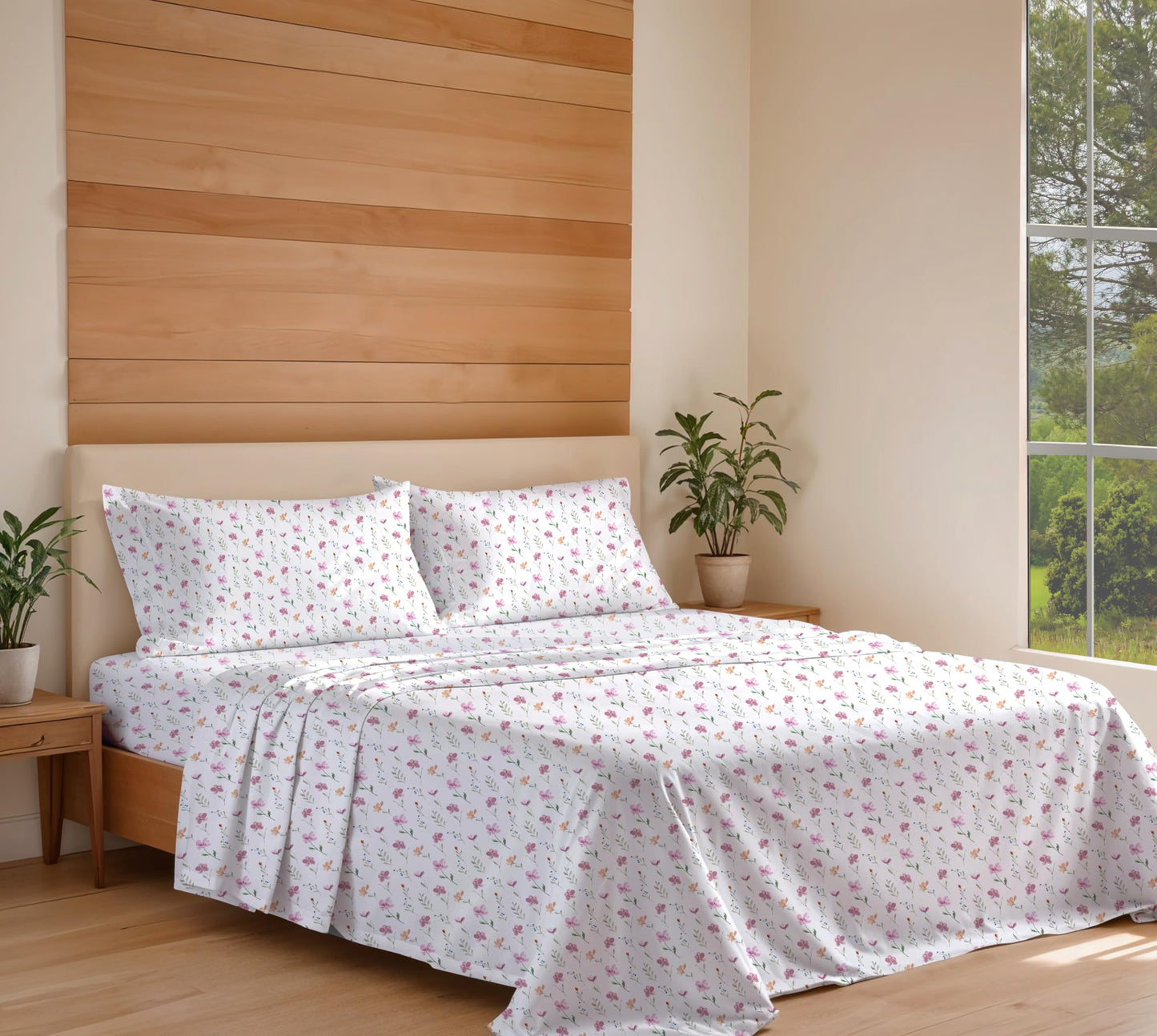 RUVANTI 100% Cotton Organic Percale Sheets Queen Size – Crisp Cooling Bed Sheets for Hot Sleepers, Deep Pocket 15”, Soft Peach Finish, Breathable & Durable Hotel-Style 4 Pcs, Obsessed Stems