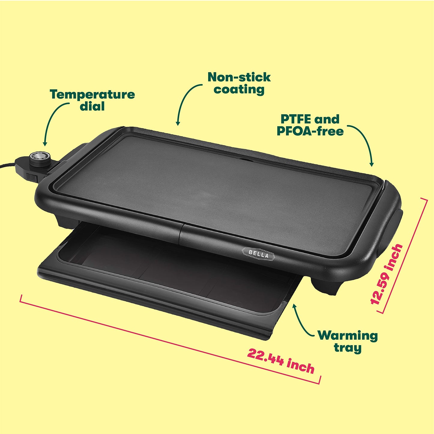 bella Electric Griddle with Warming Tray - Smokeless Indoor Grill, Nonstick Surface, Adjustable Temperature & Cool-touch Handles, 10" x 18", Copper/Black, PFOA & PTFE Free