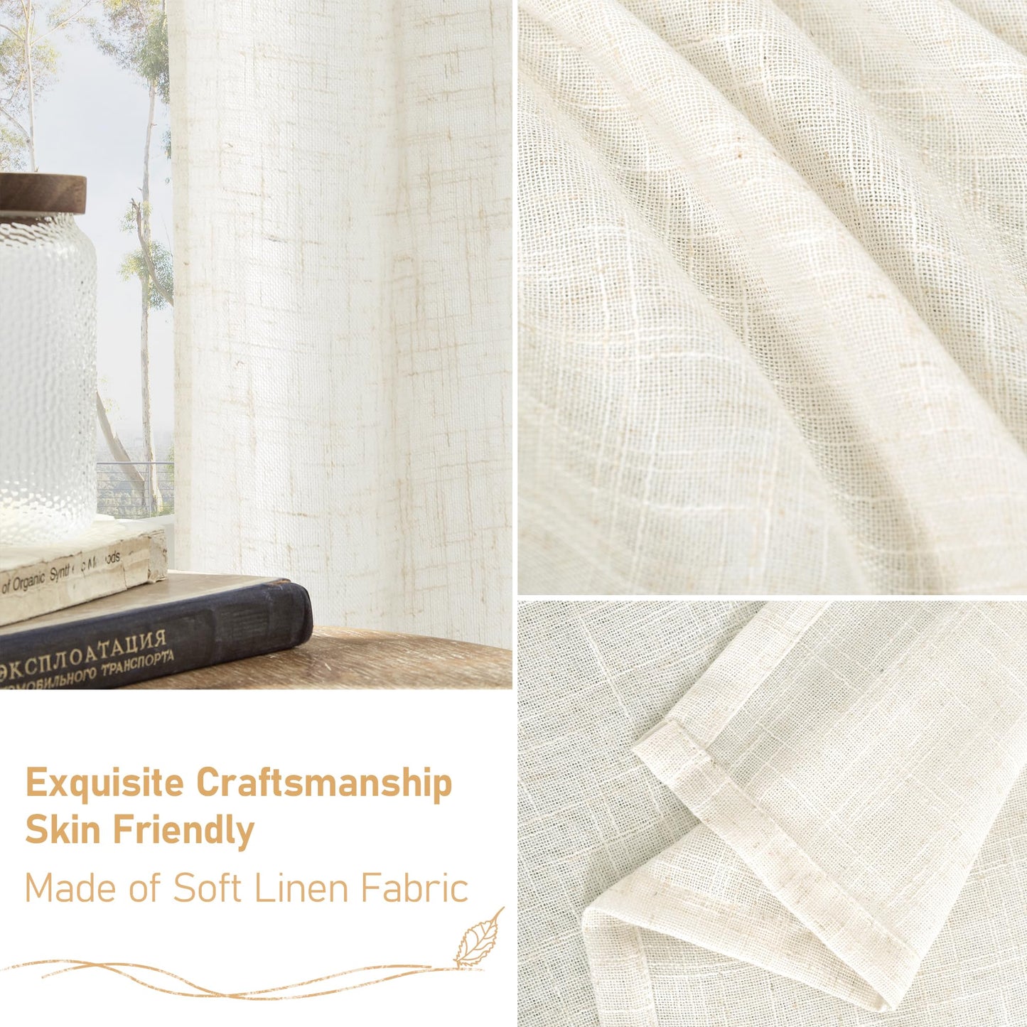 LAMIT Cream Linen Curtains 84 inch Length 2 Panels, Light Filtering Semi Sheer Panels Back Tab and Rod Pocket Neutral Boho Drapes for Living Room/Bedroom, 52 x 84 Inch