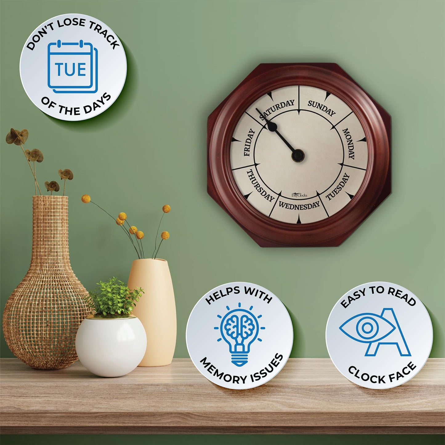 DayClocks Classic Day of The Week Wall Clock - 10" Solid Mahogany Wood Frame, Ideal Retirement Gift for Men and Women, Day Clock for Seniors and Retirees