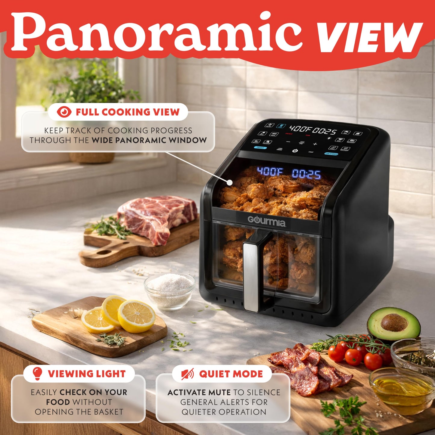 Gourmia Air Fryer 7 QT - Easy View Panorama Window & Interior Light, Guided Cooking with 12 One-Touch Presets, FryForce 360, Dishwasher Safe Accessories, Black