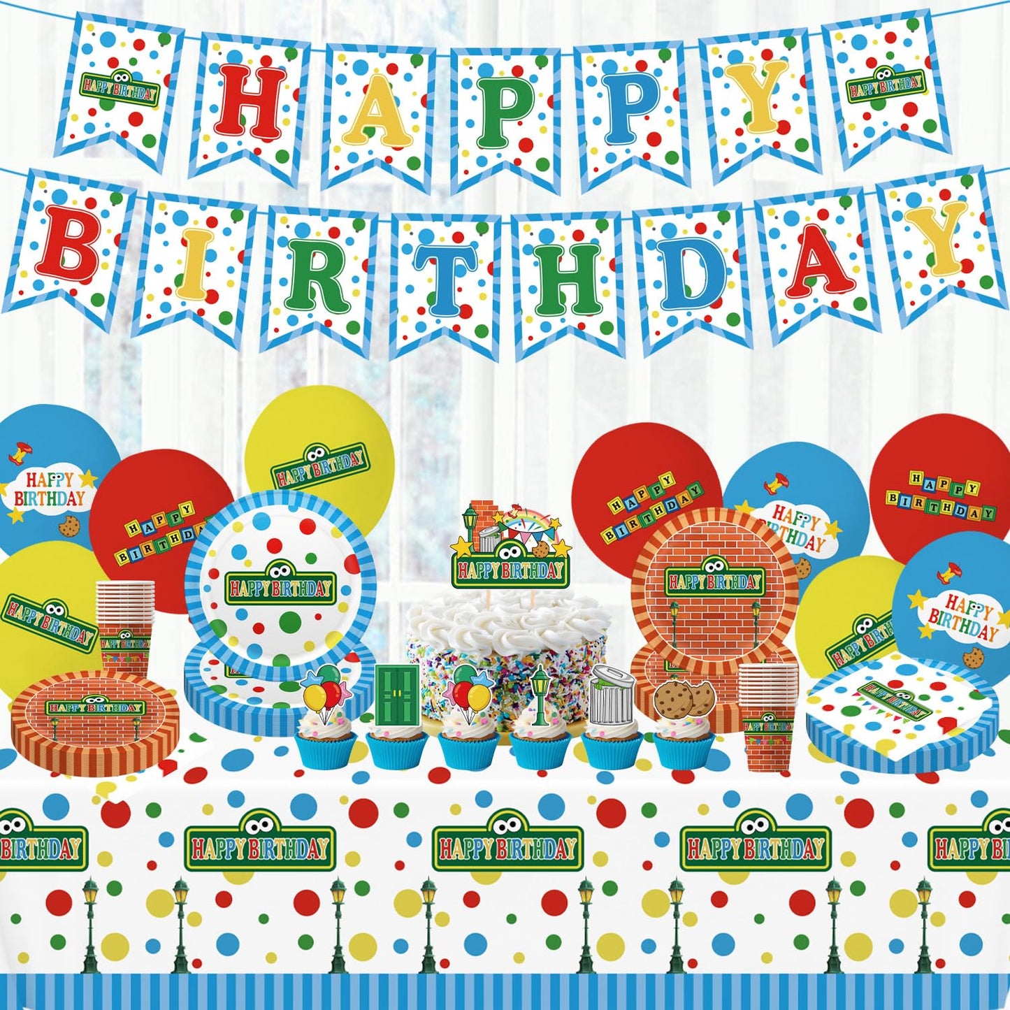 104pcs Birthday Party Decorations Cute Theme Tableware Set Include 9 Inches Plates, 7 Inches Plates, Happy Birthday Banner, Ballons, Napkins, Cups, Tablecloth, Cake Toppers and Cupcake Toppers
