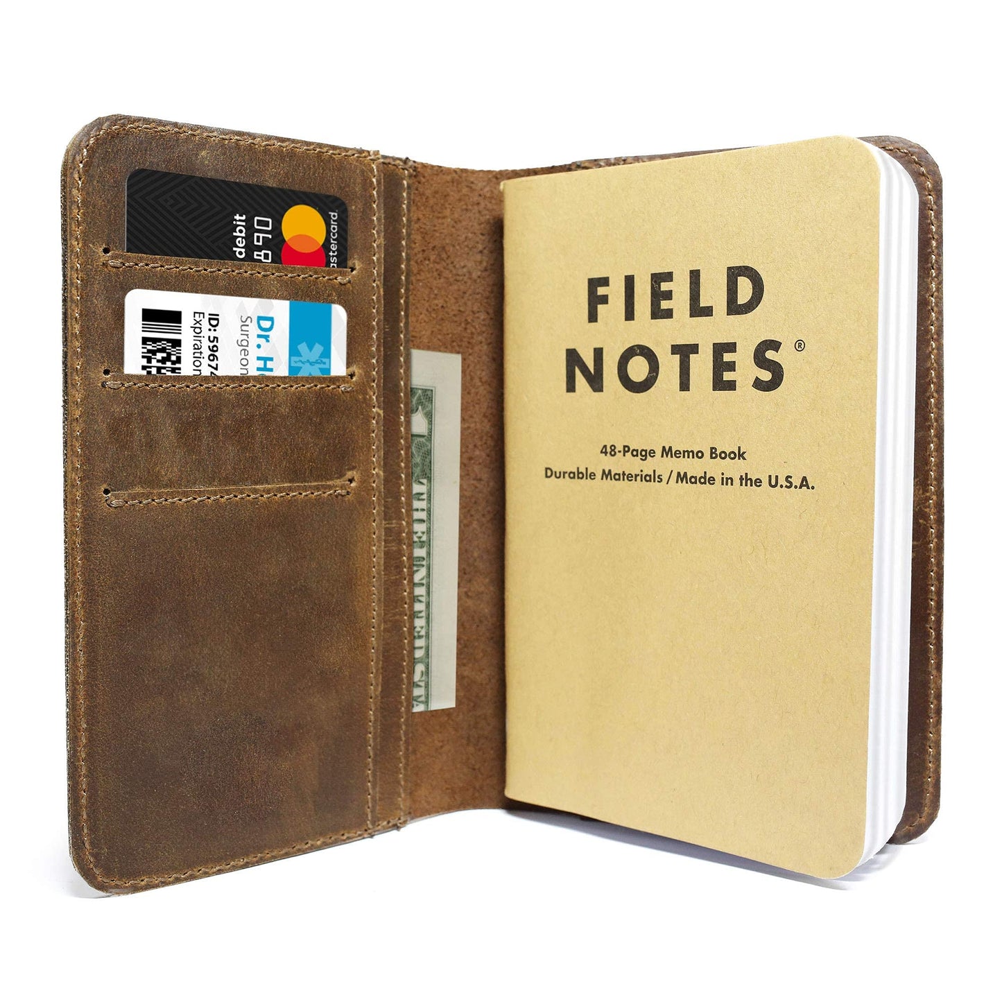 Jack's Point Leather Field Notes Cover for Memo - Pocket Sized Notebook, fits 3.5” x 5.5” Notebooks, Hand Stitched Brown Real Top Grain Leather, Multiple Pockets for Extra Functionality