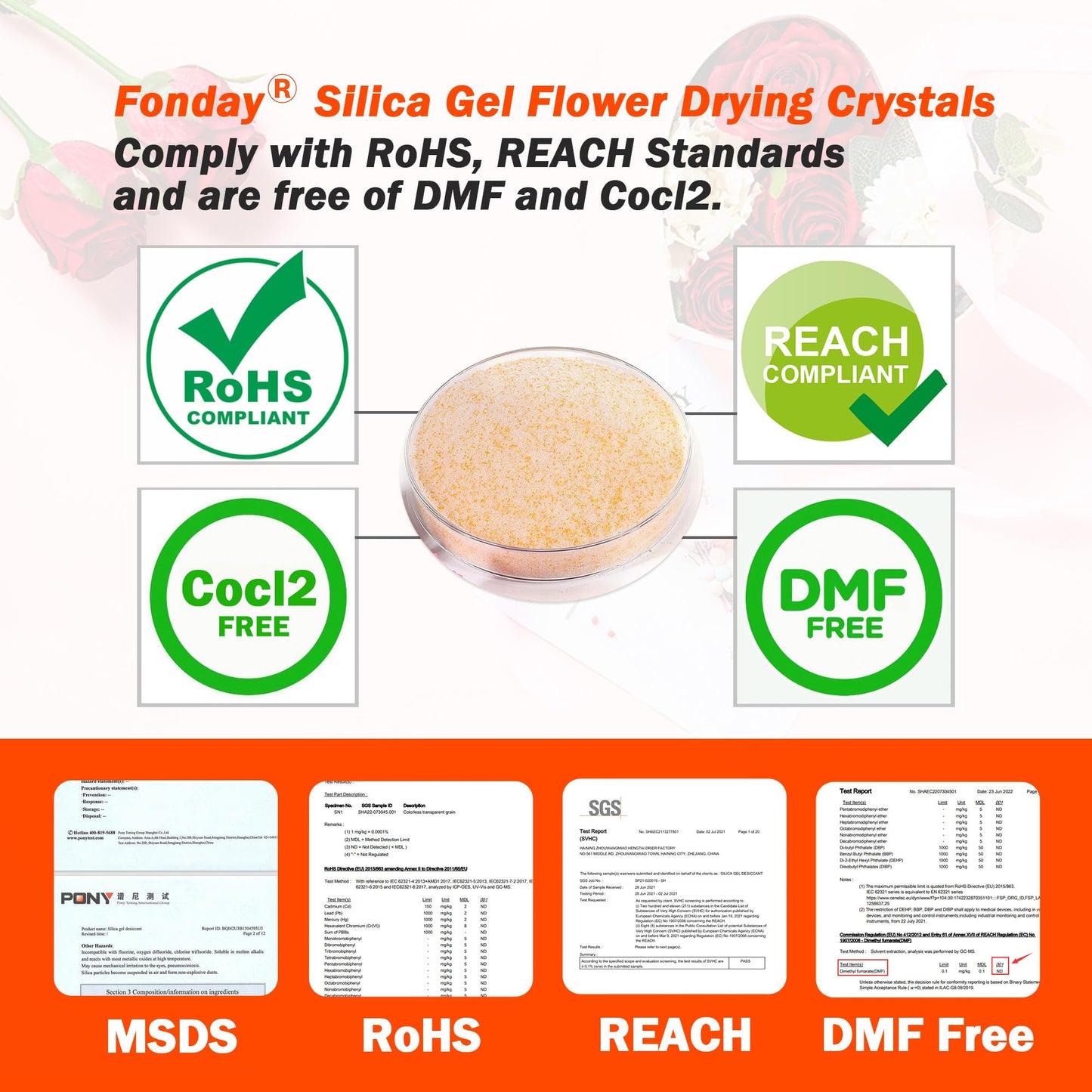 Fonday Silica Gel Flower Drying Crystals for Wedding Bouquet Preservation Color Indicating Reusable Bead Size Less Than 1mm (5LBS 3-in-1 with Sealed Container and Brush)