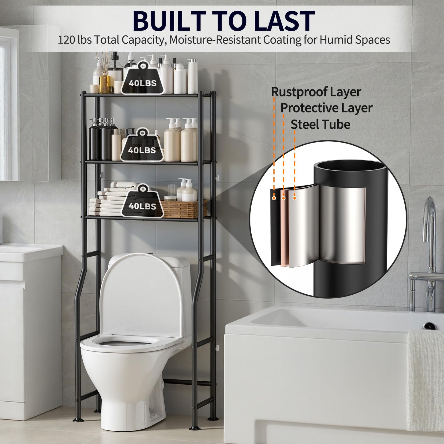 ASCENREST 3-Tier Over The Toilet Storage, Freestanding Metal Bathroom Shelves, Space Saver Above The Over Toilet Storage Shelf for Bathroom (Black)
