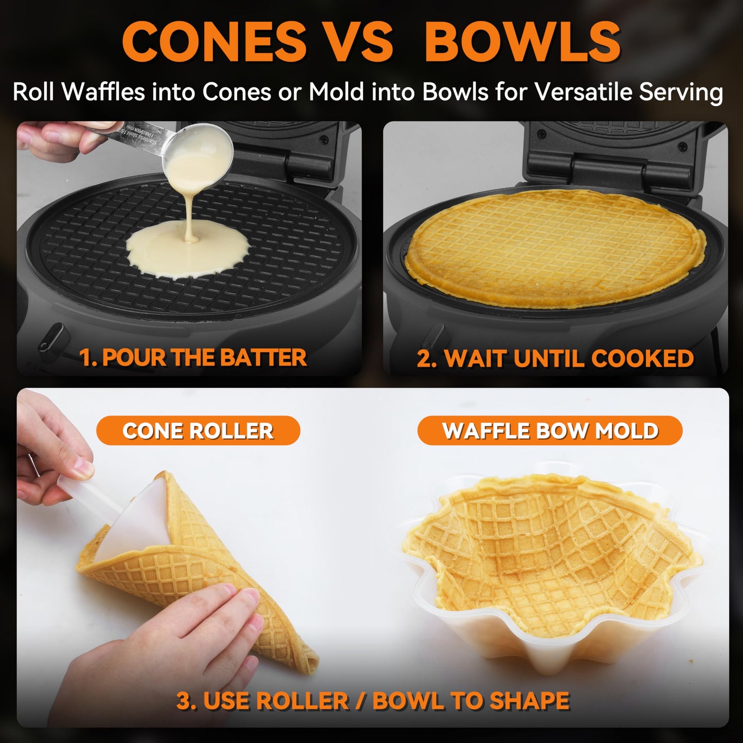 Baker's Friend Waffle Cone Maker Machine with Browning Control, 7.5” Ice Cream Cone Maker, Cone Roller & Bowl Press Included,Thin Waffle Maker Crispy, Nonstick Waffle Bowl Maker,Graphite