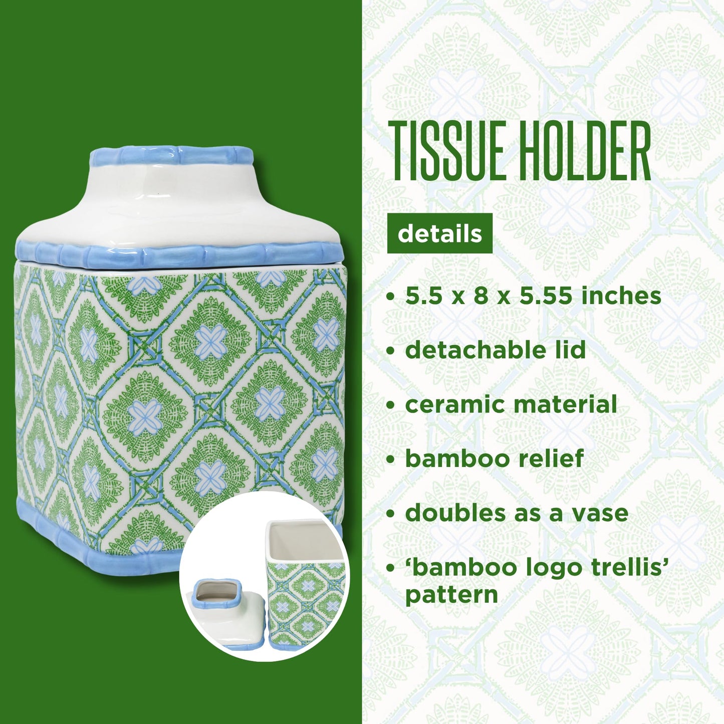 Lilly Pulitzer Ceramic, Square, Tissue-Box Cover, Tissue Holder for Home Decor (Bamboo Logo Trellis)