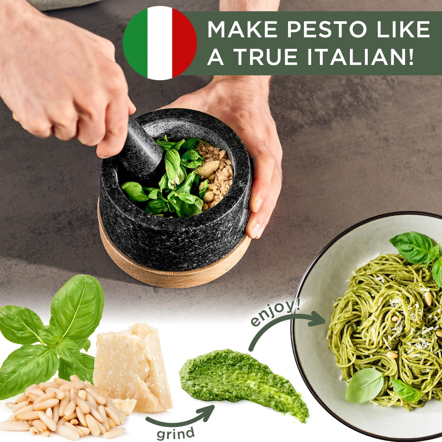 WALDWERK Mortar and Pestle - Mortar and Pestle Set with Anti-Scratch Wood Base - Mortar with Extra Large Pestle Out of Natural Granite - Large Mortar and Pestle - Perfect for Guacamole