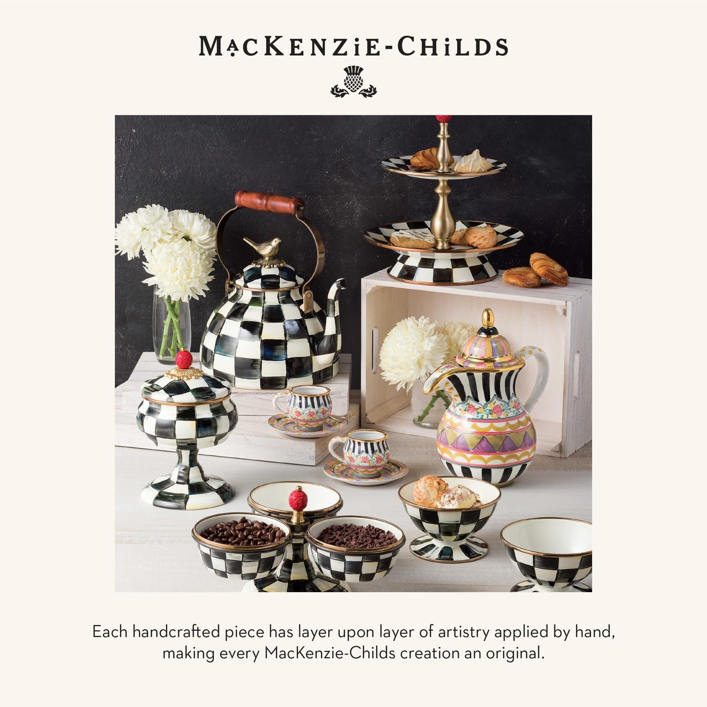 MACKENZIE-CHILDS Ceramic Cocktail-Napkin Holder, Kitchen Napkin Holder for Table and Countertop, Black-and-White Courtly Check