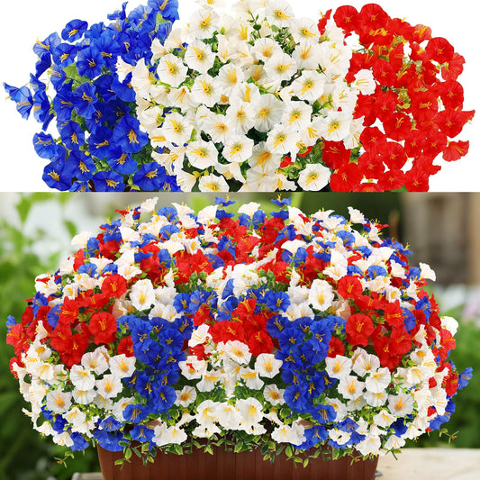 12 Pcs Red White Blue Artificial Flower Outdoor UV Resistant Petunias Patriotic Silk Flower 4th of July Decor USA Independence Short Stem Faux Cemetery Flowers Pot Window Garden 250 Anniversary Decor