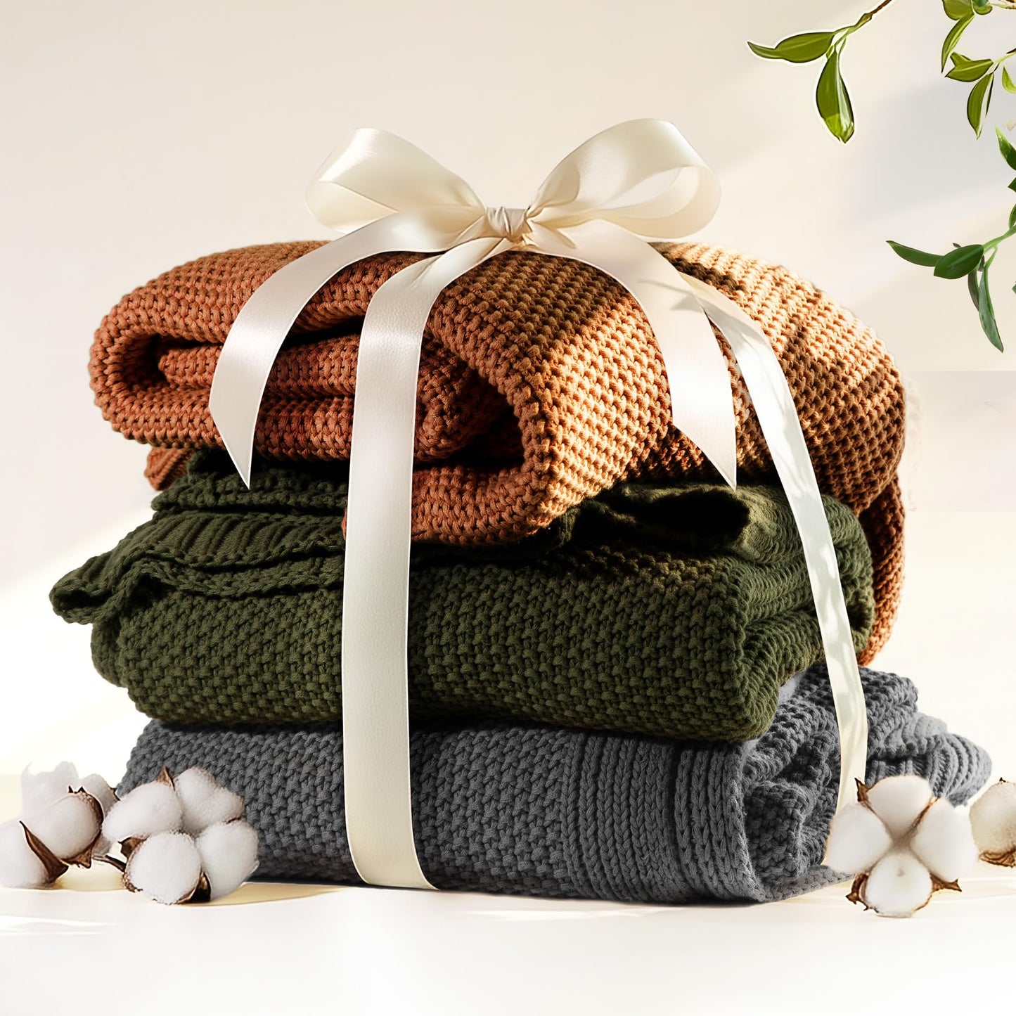 blunique 100% Cotton Cable Knit Throw Blanket, Lightweight Soft Knit Blanket for Sofa Couch Bed, Breathable All-Season Throw, Cozy Decorative Blanket, 50 x 60 Inch,Olive Green