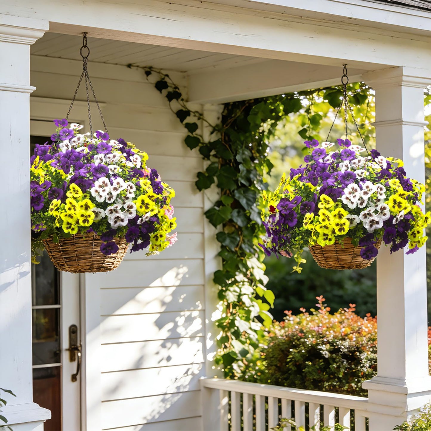 16Pcs Artificial Pansy Flowers for Outdoors, UV Resistant Fake Faux Silk Pansies for Outside,Spring Flowers for Hanging Basket Planter Window Box Porch Patio Yard Decor(Mixed Purple Yellow White)