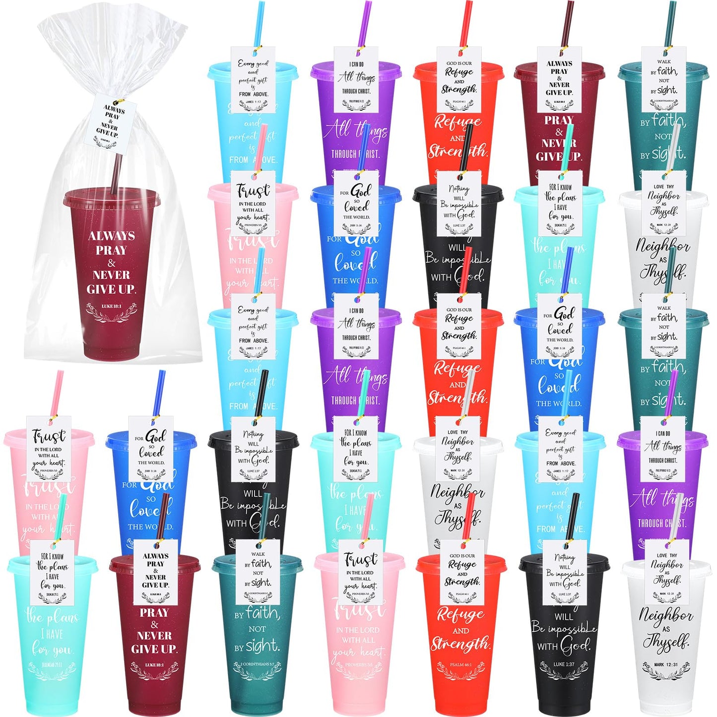 Skylety 40 Sets Christian Plastic Tumblers with Lids Straws Bulk Father' Day 24oz Bible Verse Cups, Reusable Christian Cup Religious Church Gift for Vbs Sunday School Party Baptism (Stylish Color)