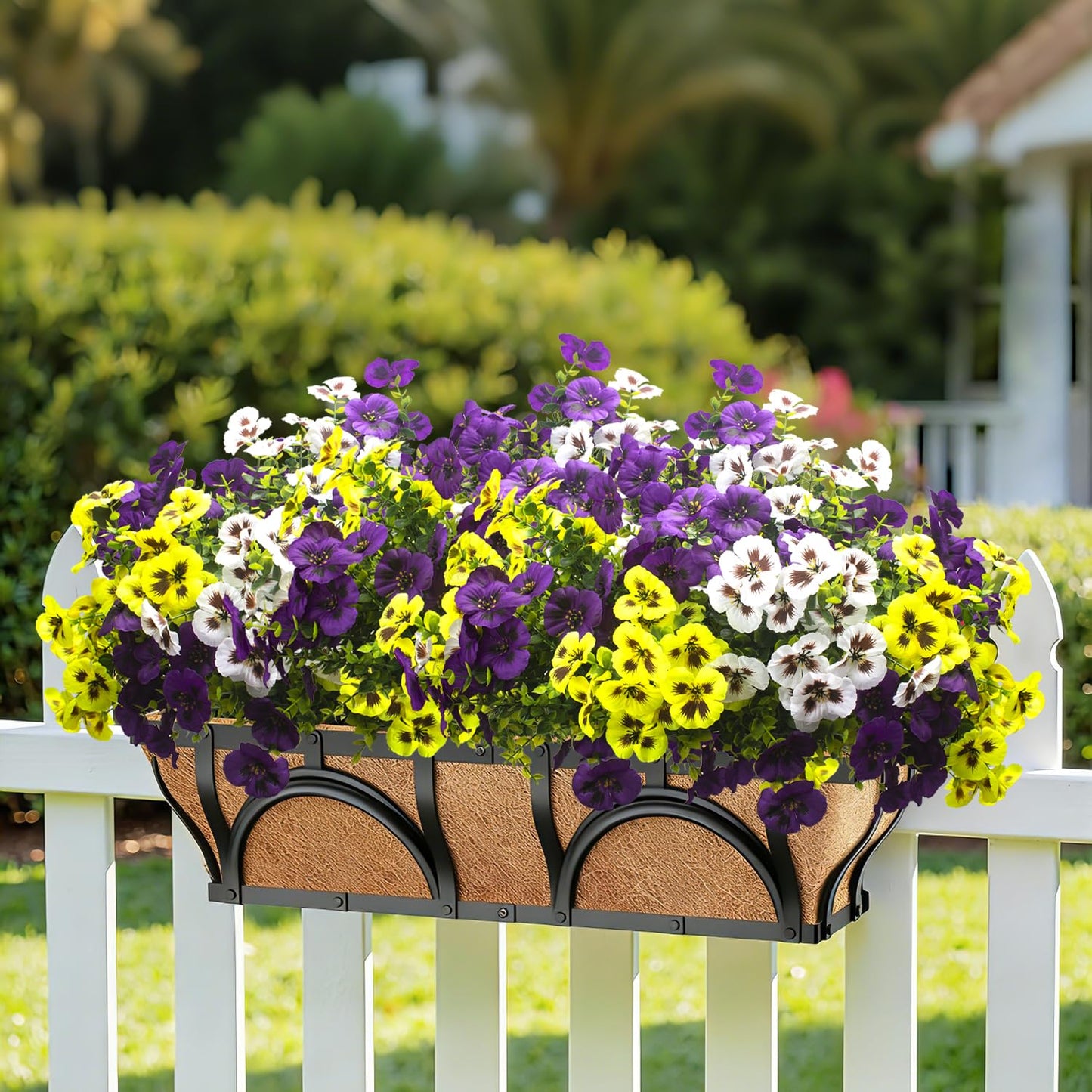 16Pcs Artificial Pansy Flowers for Outdoors, UV Resistant Fake Faux Silk Pansies for Outside,Spring Flowers for Hanging Basket Planter Window Box Porch Patio Yard Decor(Mixed Purple Yellow White)