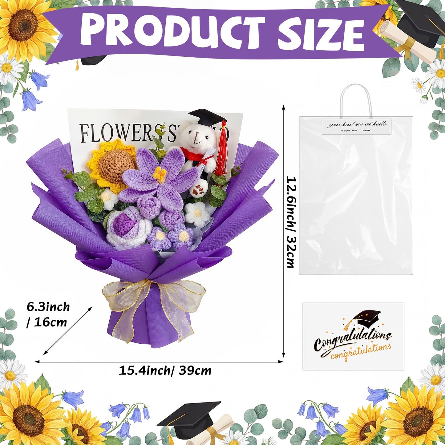 Giegxin Graduation Crochet Flowers Bouquet Set 2026 Grad Cap Plush Bear Hand Knitted Rose Tulip Daisy Sunflower Bouquet Greeting Card Gift Bag for Wedding Birthday Party Favors(Purple)