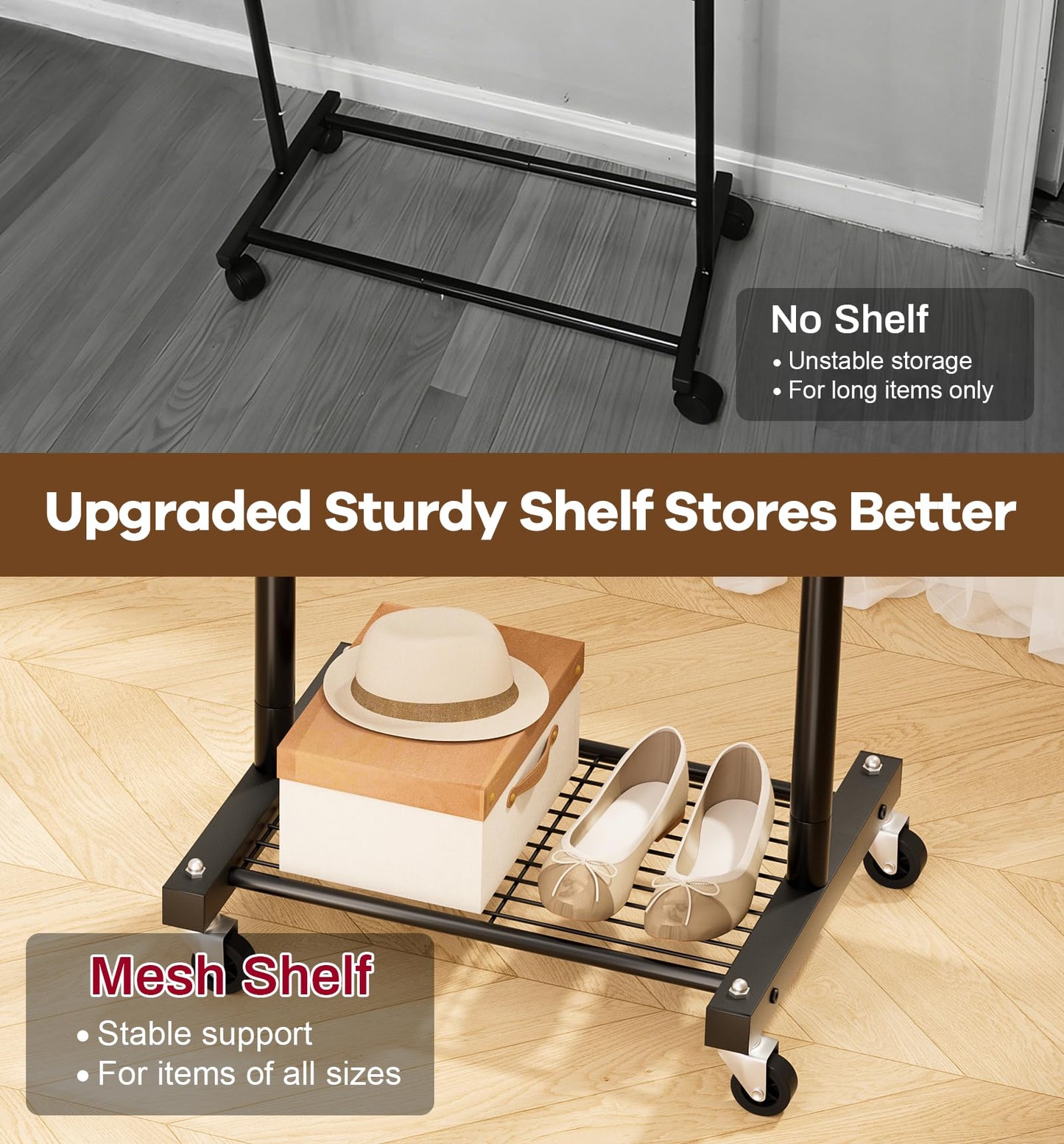 MISSLO Small Clothes Racks for Hanging Clothes Clothing Rack with Wheels 60" Metal Garment Rack with Shelves Portable Rolling Wardrobe Rack for Small Space, Black