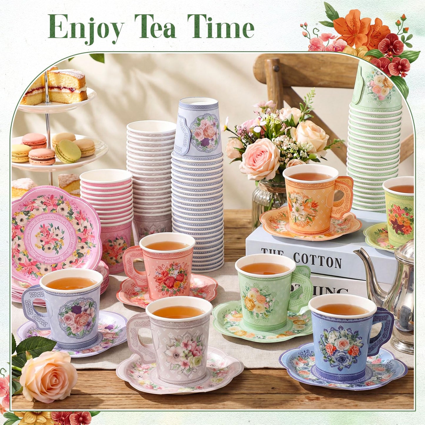 Nuogo 400 Pcs Floral Paper Tea Cups and Saucers Disposable Tea Party Supplies, 200 Sets 7 oz Vintage Teacups with Handles and Plates for Wedding Birthday Baby Shower Bridal Garden Summer Party