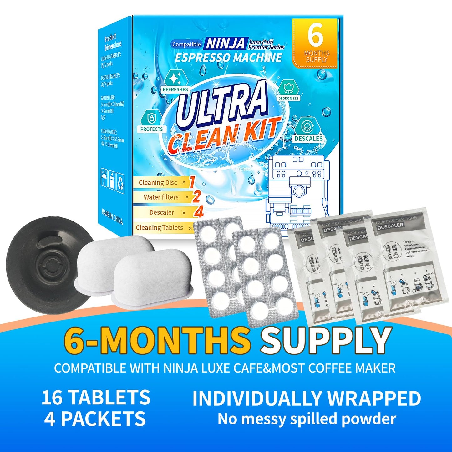 OCTPLAY Espresso Cleaning Supply Kit for Ninja Luxe Cafe, 6 Month Supply, Descale Packets, Cleaning Tablets, Water Filters,Disc,Espresso & Coffee Machine ES501 ES601 ES701 Cleaner