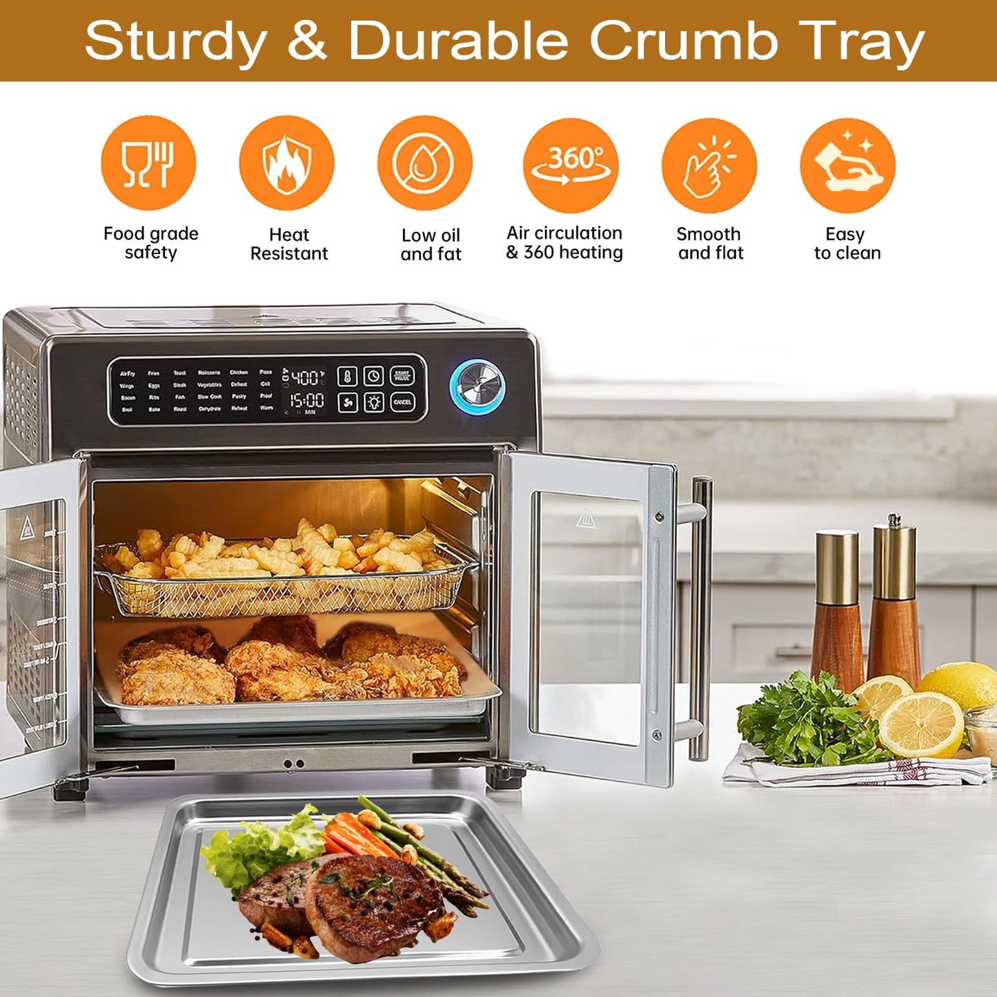 GWYSY 5-Pack Air Fryer Replacement Set for Emeril Lagasse 26QT, Includes Non-Stick Baking Pan, Basket, Air Fryer Rack, 2 Mats & 100 Parchment Papers, Stainless Steel Bakeware Set