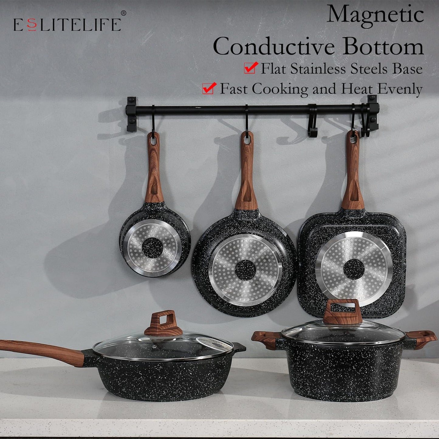 ESLITE LIFE Nonstick Cookware Sets, 9 Pcs Granite Coating Pots and Pans Set Kitchen Cooking Set, Compatible with All Stovetops (Gas, Electric & Induction), PFOA Free, Black