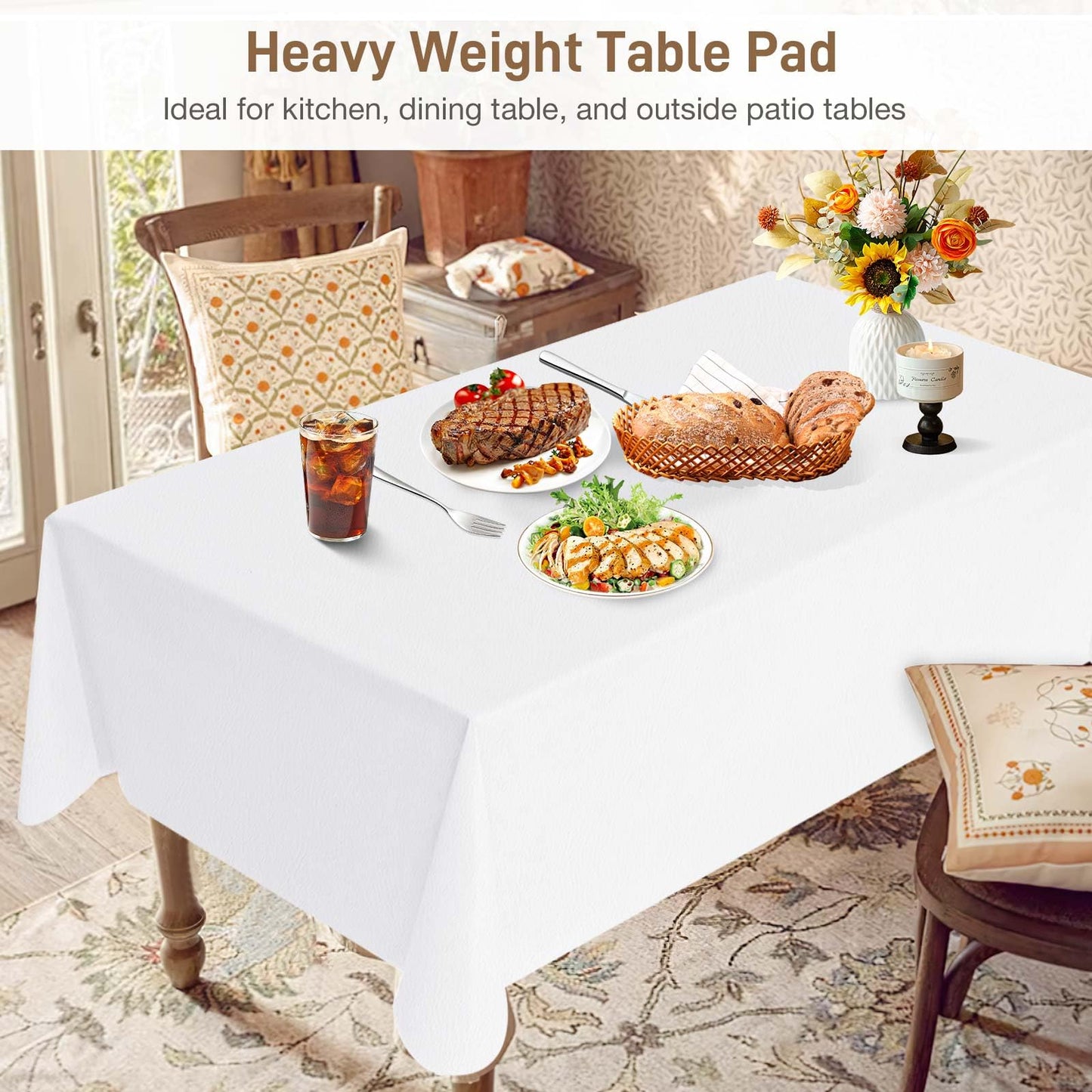 LotuFlor Table Protector Pad with Flannel Backing, Heavy-Duty Vinyl Table Padding Under Tablecloth, Waterproof, Heat Resistant, 72 x 54 inches, Rectangular