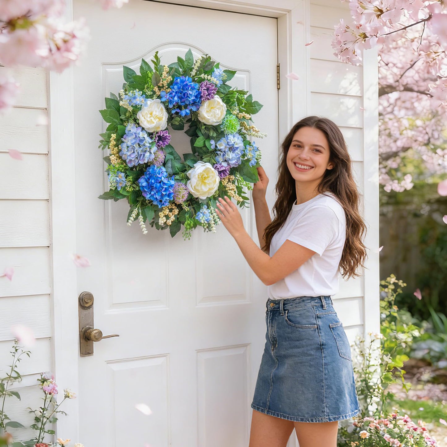 Pinkpuii 26 Inch Spring Wreaths for Front Door Outside– Large Artificial Summer Wreath with Blue Hydrangea, White Peony Flowers and Eucalyptus Leaves– Indoor Outdoor Porch Farmhouse Home Wall Décor