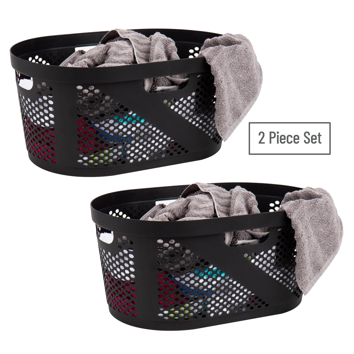 Mind Reader 40L Ventilated Laundry Baskets, Lightweight Clothes Hamper with Cutout Handles for Bathrooms and Closets, Plastic, Set of 2, Black