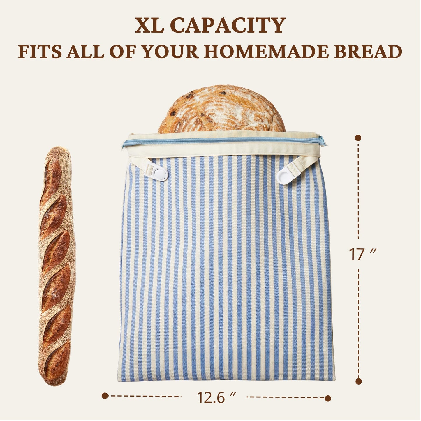 BRONYPRO Reusable Beeswax and Cotton Bread Bags with Zipper, 2-Pack Waxed Bread Bags for Homemade Bread & Sourdough, Sustainable Sourdough Loaf Storage to Lock in Freshness, Large 17x12.6in, Blue