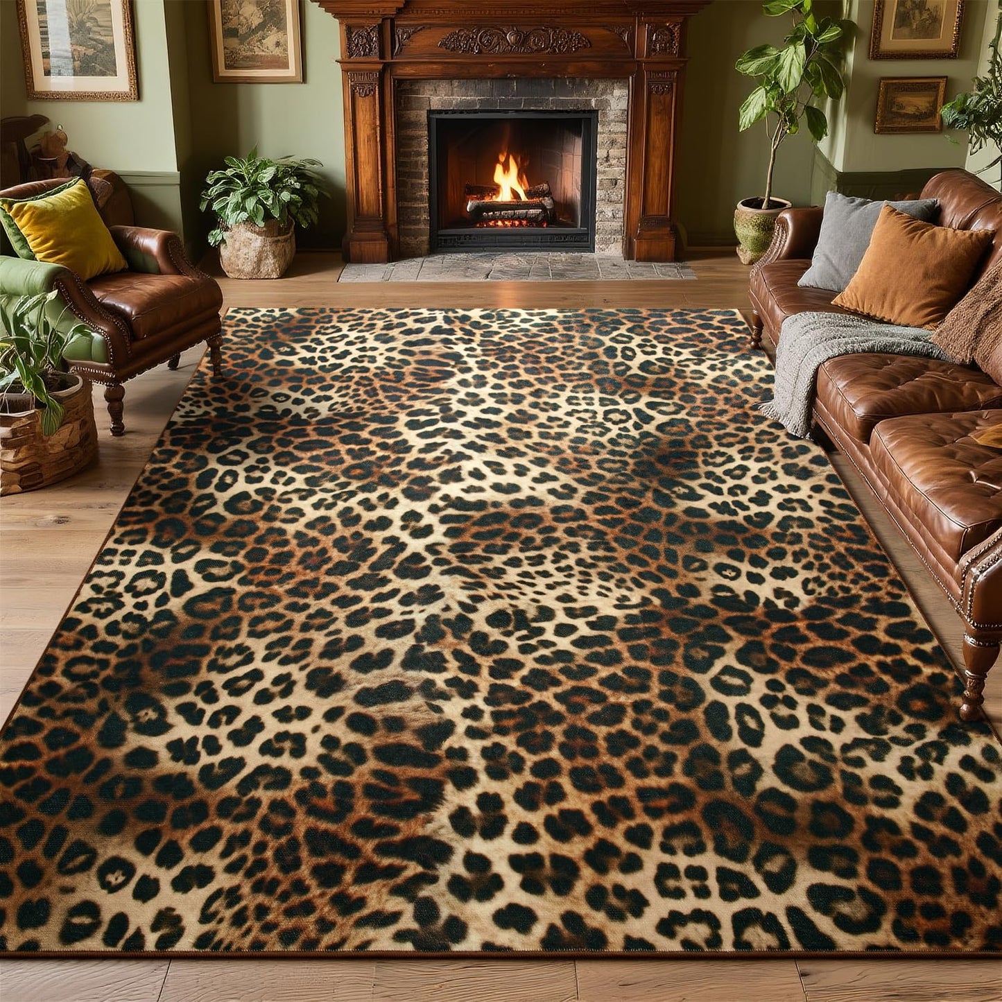 DweIke Leopard Rugs for Living Room, 5x7 Cheetah Print Rug for Bedroom Decor, Washable Non-Slip Stain Resistant Faux Animal Throw Carpet for Dining Room Office Western Home, Dark Brown