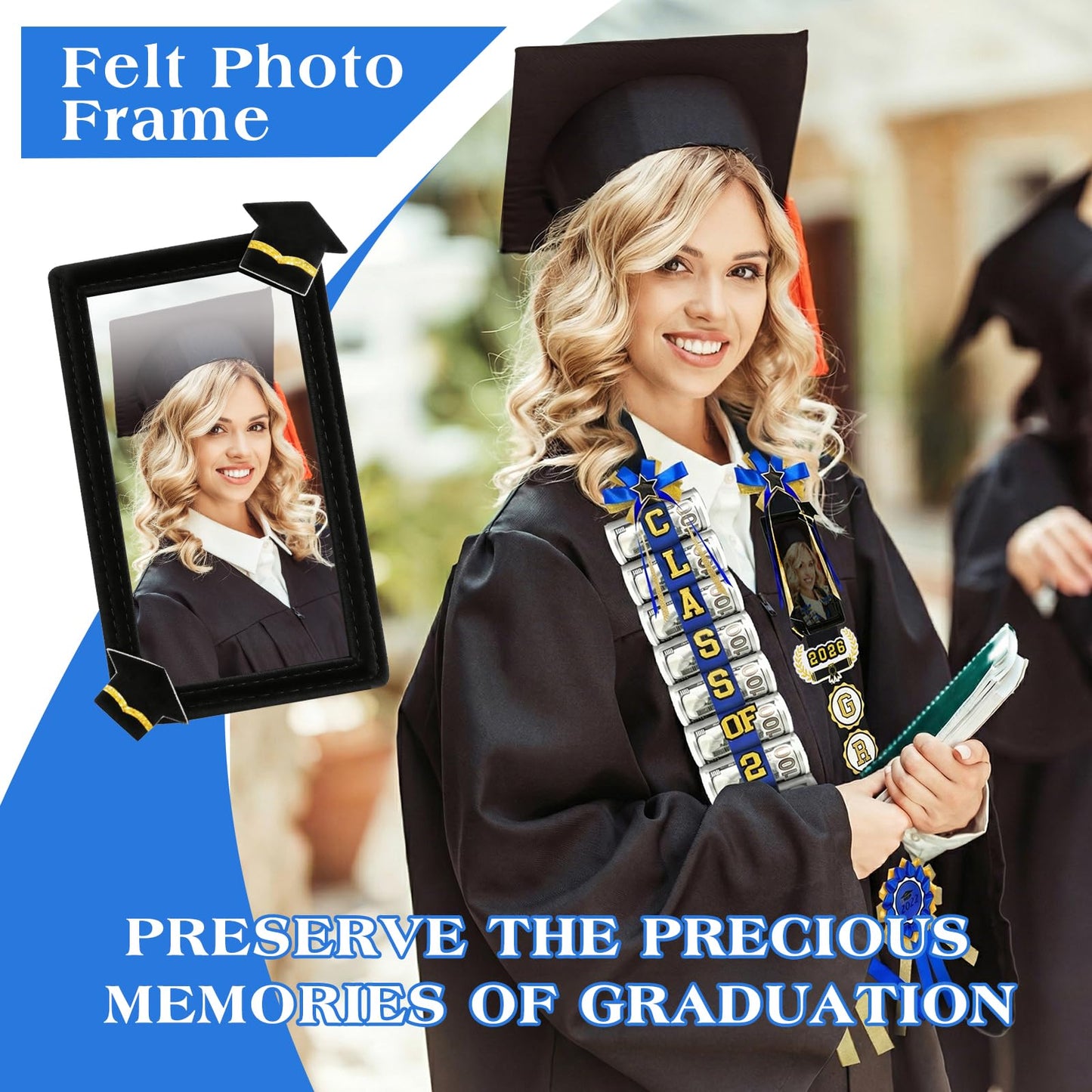 Phoncoo 2026 Graduation Money Lei with Cash Holder, DIY Graduation Ribbon Leis Class of 2026 with Felt Photo Frame for High School College Grad Party Gifts Supplies (Blue)