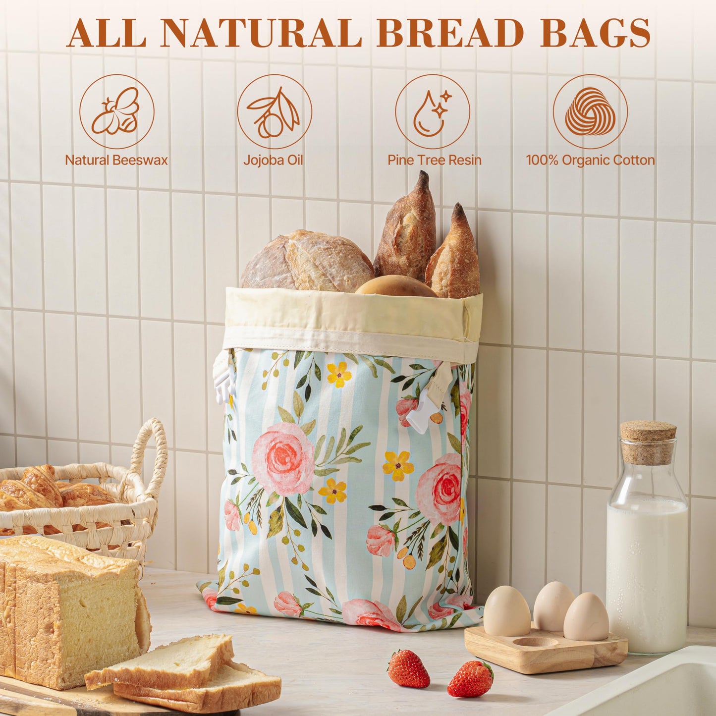 Augine Beeswax Bread Bag, 2 Pack Sourdough Bread Bags, Reusable Bread Bags for Homemade Bread, Organic Cotton Beeswax Sourdough Bags, Wildwood Bloom Series