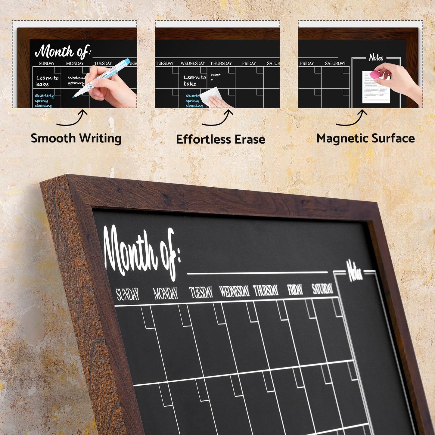 DOLLAR BOSS Chalkboard Calendar Corkboard Combo, 24" x 18" Magnetic Chalk Board Monthly Planner & Natural Cork Bulletin Rustic Wood Frame for Office Home School with 4 Markers, 8 Magnets, 10 Pins