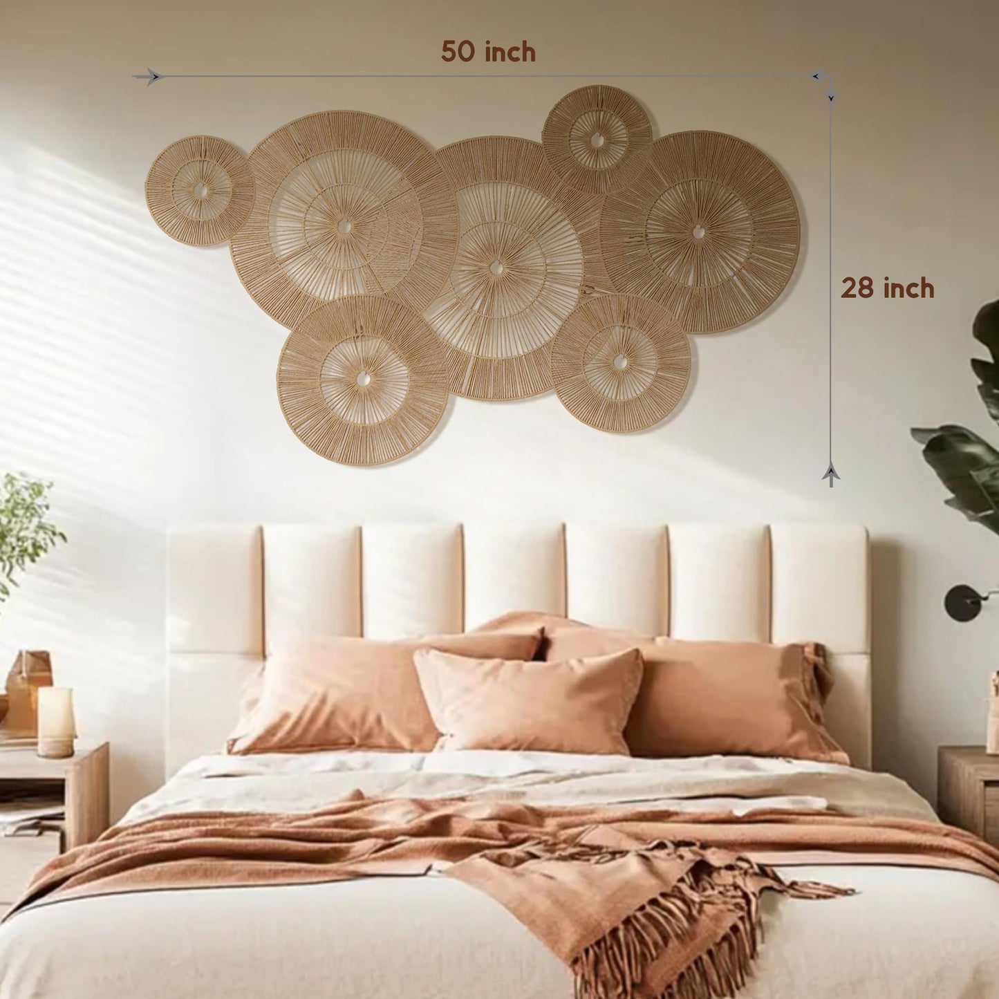Mokof 7 Pack Boho Wall Baskets Decor Set (17", 15", 13", 11", 9", 7", 7") - Natural Paper Rope Round Wall Art for Living Room, Bedroom, Dining Room, Bohemian Home Decor - - Versatile Wall Arrangements (Neutral Brown)