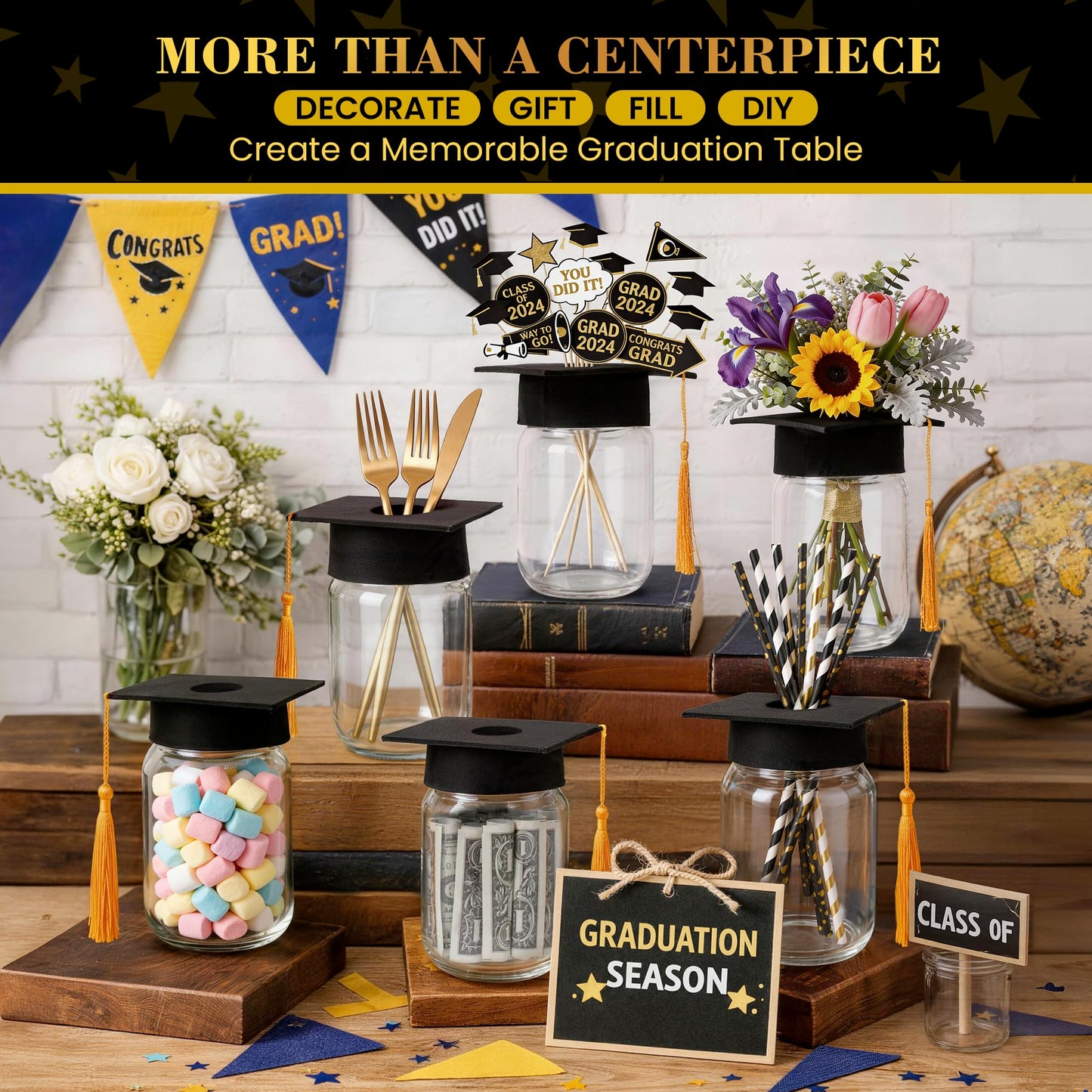 6 Sets 2026 Graduation Centerpieces for Tables, Mason Jar Centerpieces with Graduation Cap with Hole for Flowers, Class of 2026 Table Decorations, Congrats Party Supplies for College High School
