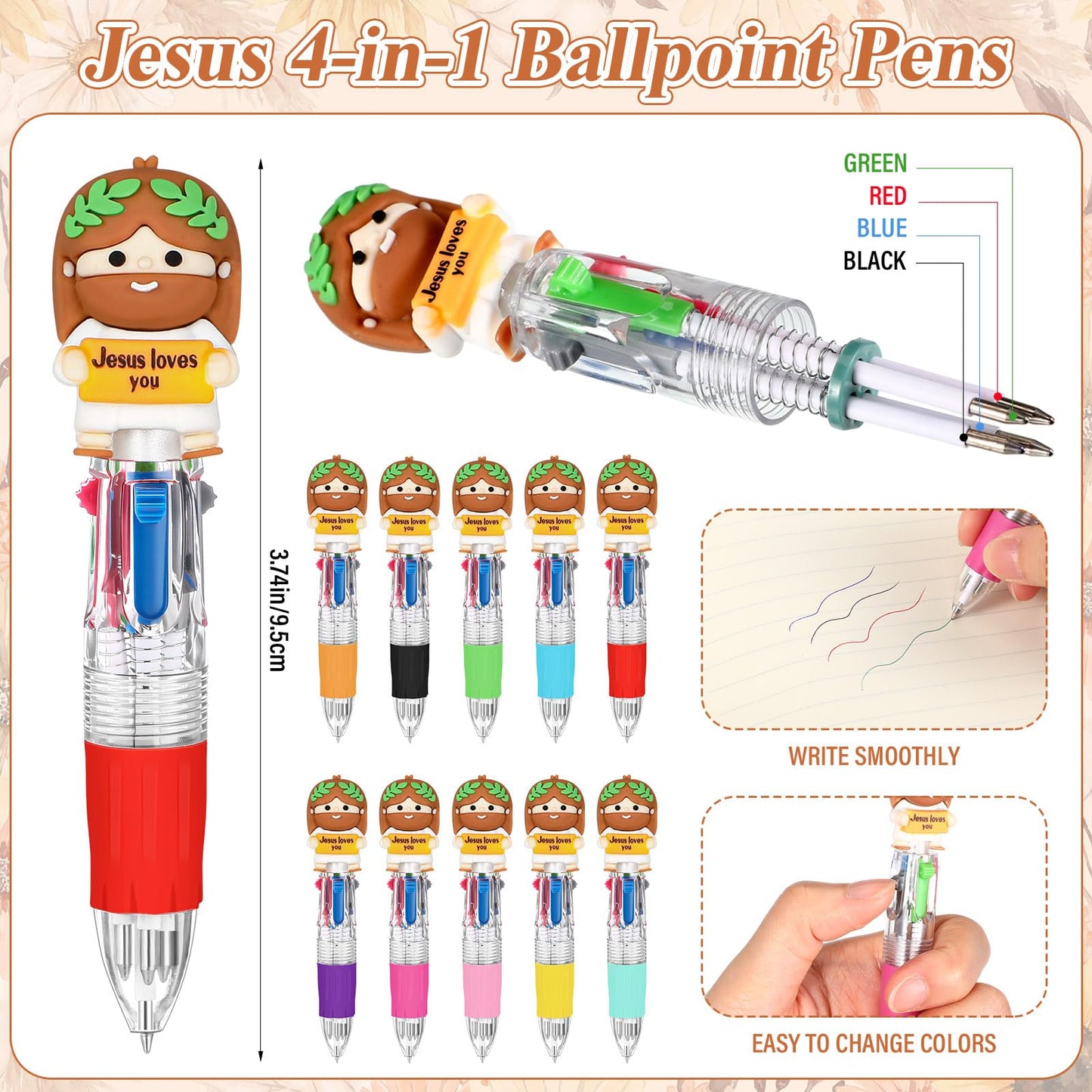 Sayglossy 100 Sets Christian Little Jesus Figure Pens Gifts Bulk, 4-in-1 Jusus Loves You Multicolor Ballpoint Pen Favor with Positive Cards for Friends Church Member Prizes Reward
