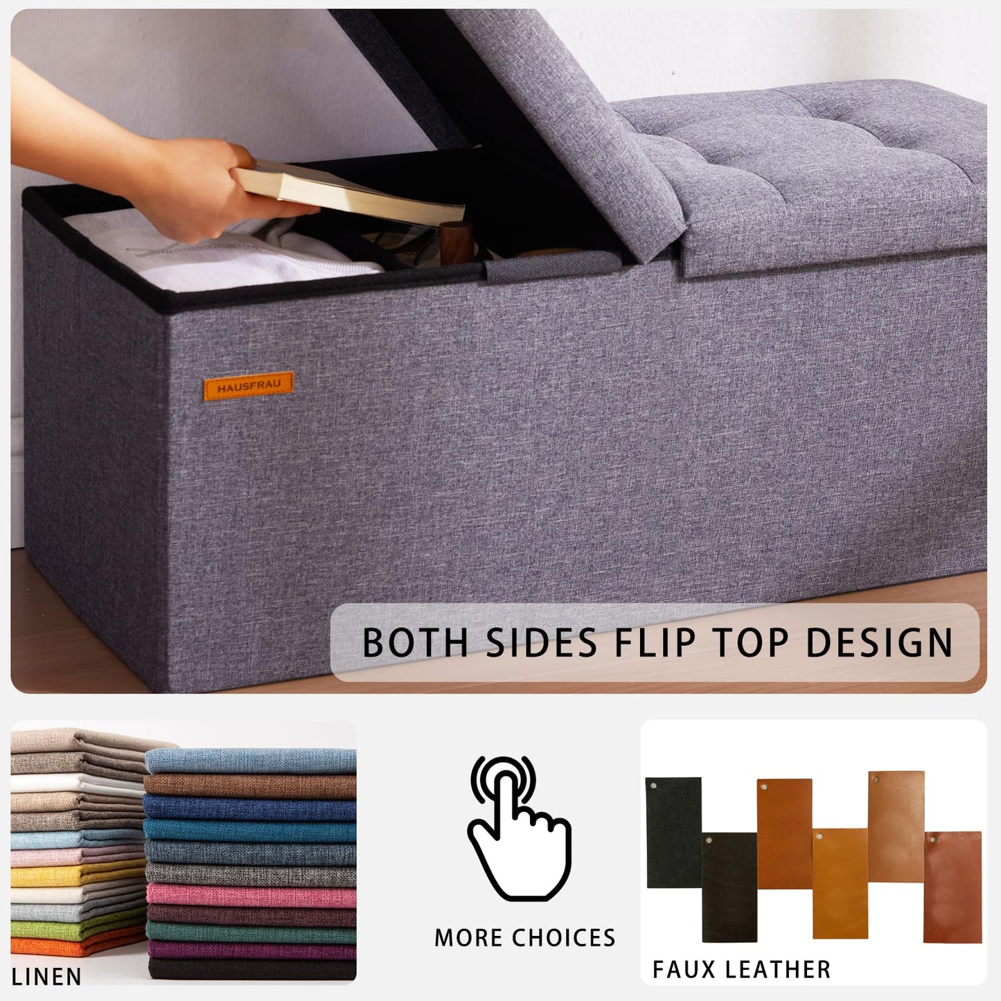 HAUSFRAU 31.5 Inches Ottoman with Storage, Folding Ottoman Bench Small Foot Rest Stool, Bedroom Bench with Flipping Lid, Linen Black