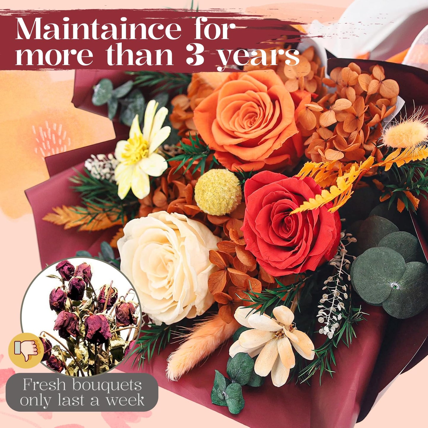 Preserved Flowers for Delivery, Orange Flowers Fresh Bouquet with Gift Box, Forever Eternal Rose Gifts for Women Mom Wife on Christmas, Valentines Day, Mother's Day, Birthday