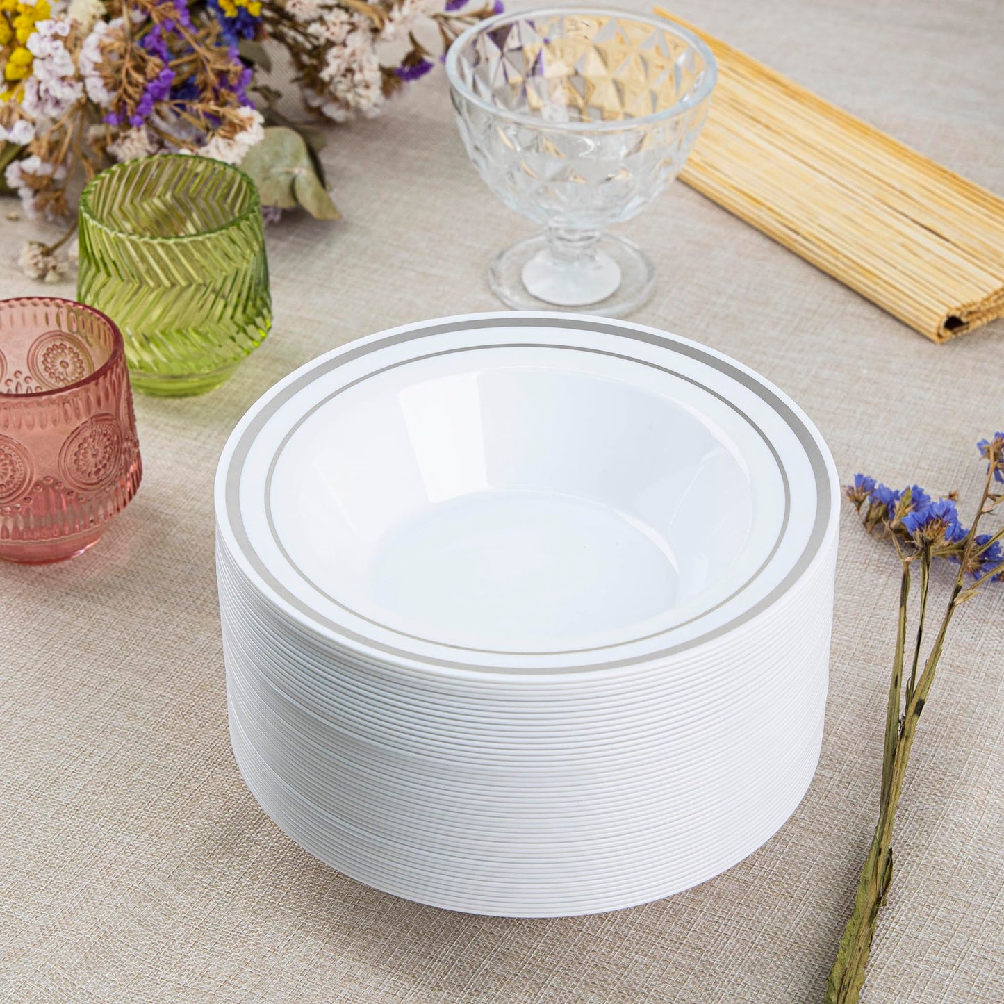 SETUP [12 oz. - 50 Piece Dessert Soup Bowls with Silver Rim, Plastic Bowls Disposable - Premium Heavy-Duty Disposable Soup Bowls for Party, Wedding, and All Occasions