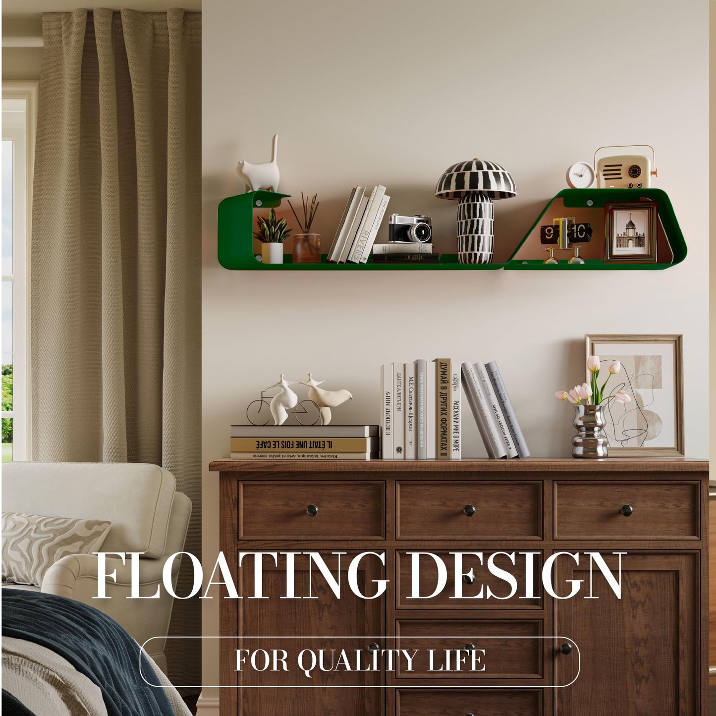 Floating Shelves, Wall Shelf, Set of 3 Mounted Metal Shelves with Unique Design for Wall Storage, Book Shelf, Display Shelves for Bathroom Bedroom Kitchen Living Room for Home Green
