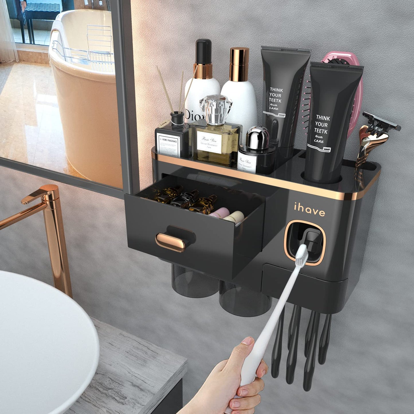 iHave Toothbrush Holders Wall Mounted with Toothpaste Dispenser & 2 Cups - Luxury Black and Gold Design for Bathroom Decor, All-in-One Bathroom Organizers & Storage for Toothbrushes and Accessories