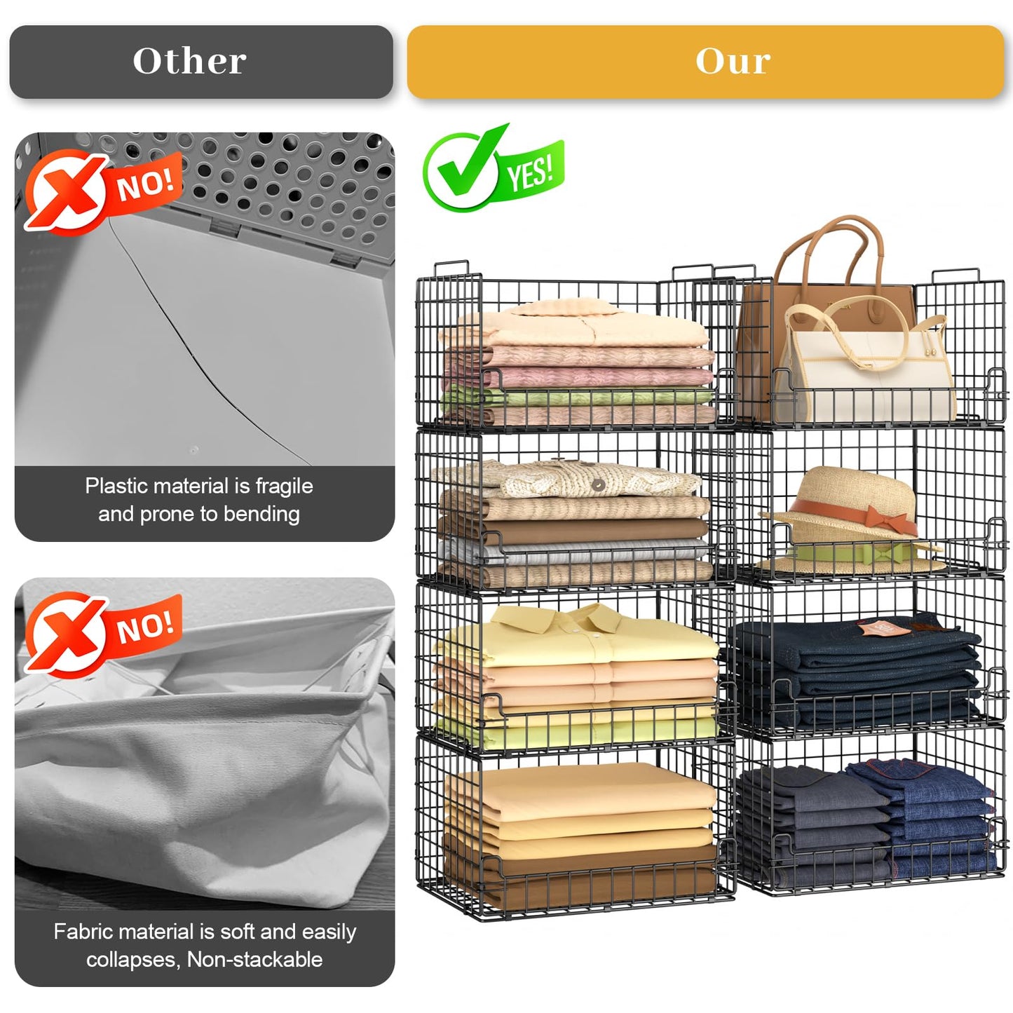 Astrorhine 4-Tier Stackable Closet Organizers and Storage Basket - Foldable Closet Shelf Organizer System, Sturdy Metal Space-Saving Clothes Storage Bins for Wardrobe, Black