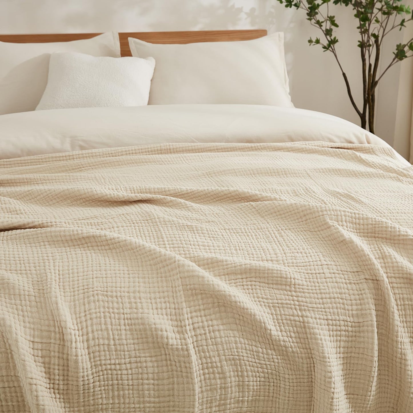 EMME Cotton Bed Blanket Twin Size Soft Muslin Boho Bedding Lightweight Breathable Beige Twin Blanket All Season Gauze