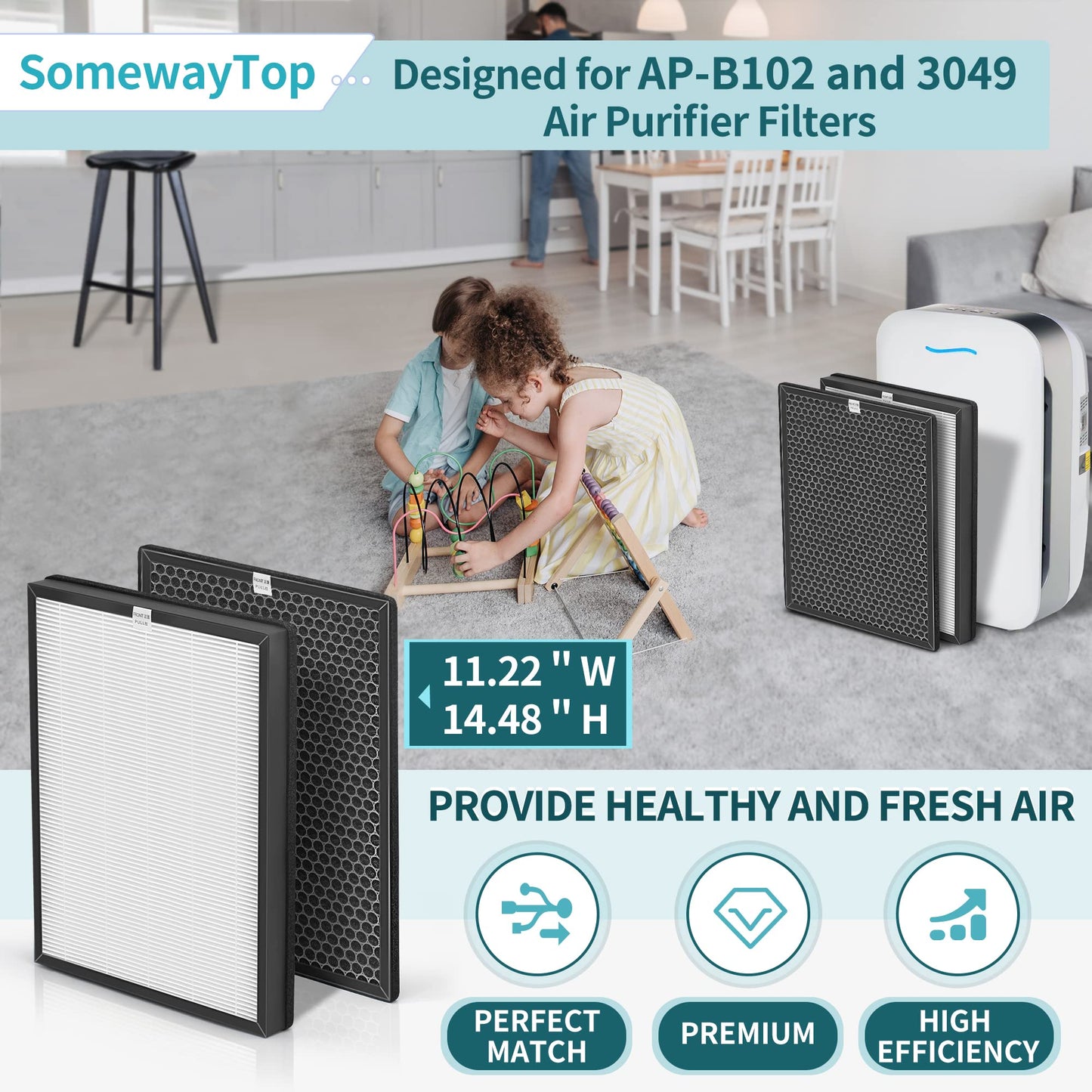AP-B102 Replacement Filter Set Compatible with Alexapure Breeze Air Pur ifier Filters Replacement AP-B102 and 3049 3-IN-1 Air Cleaner for Home 2X H13 True HEPA and 2X Activated Carbon Filters