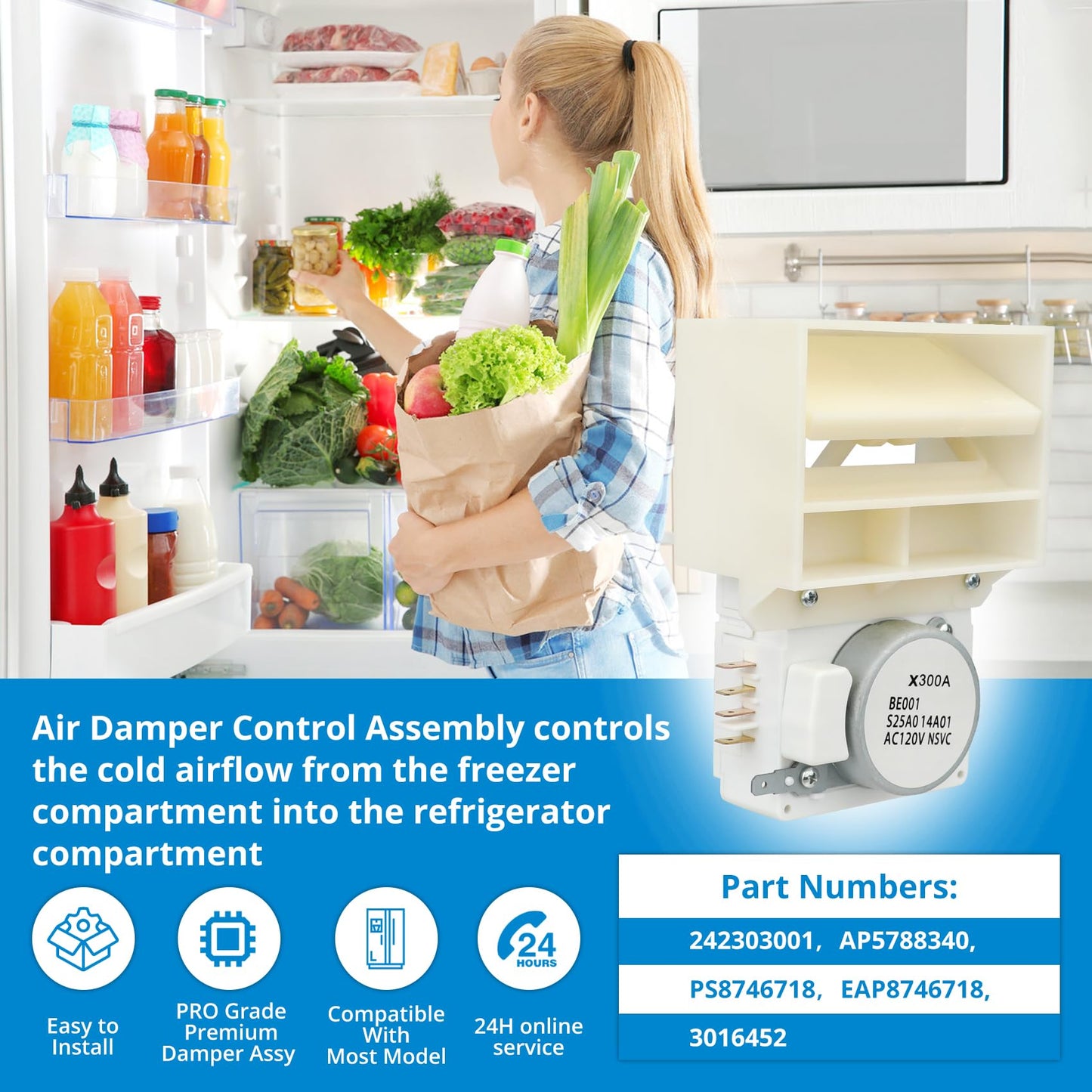 242303001 Air Damper Control Assembly Refrigerator Damper Assembly Compatible with Frigidaire Crosley White replaces 242303001，AP5788340, PS8746718, EAP8746718, 3016452 Fits DFH, FFE, FFH, FFS, LFS