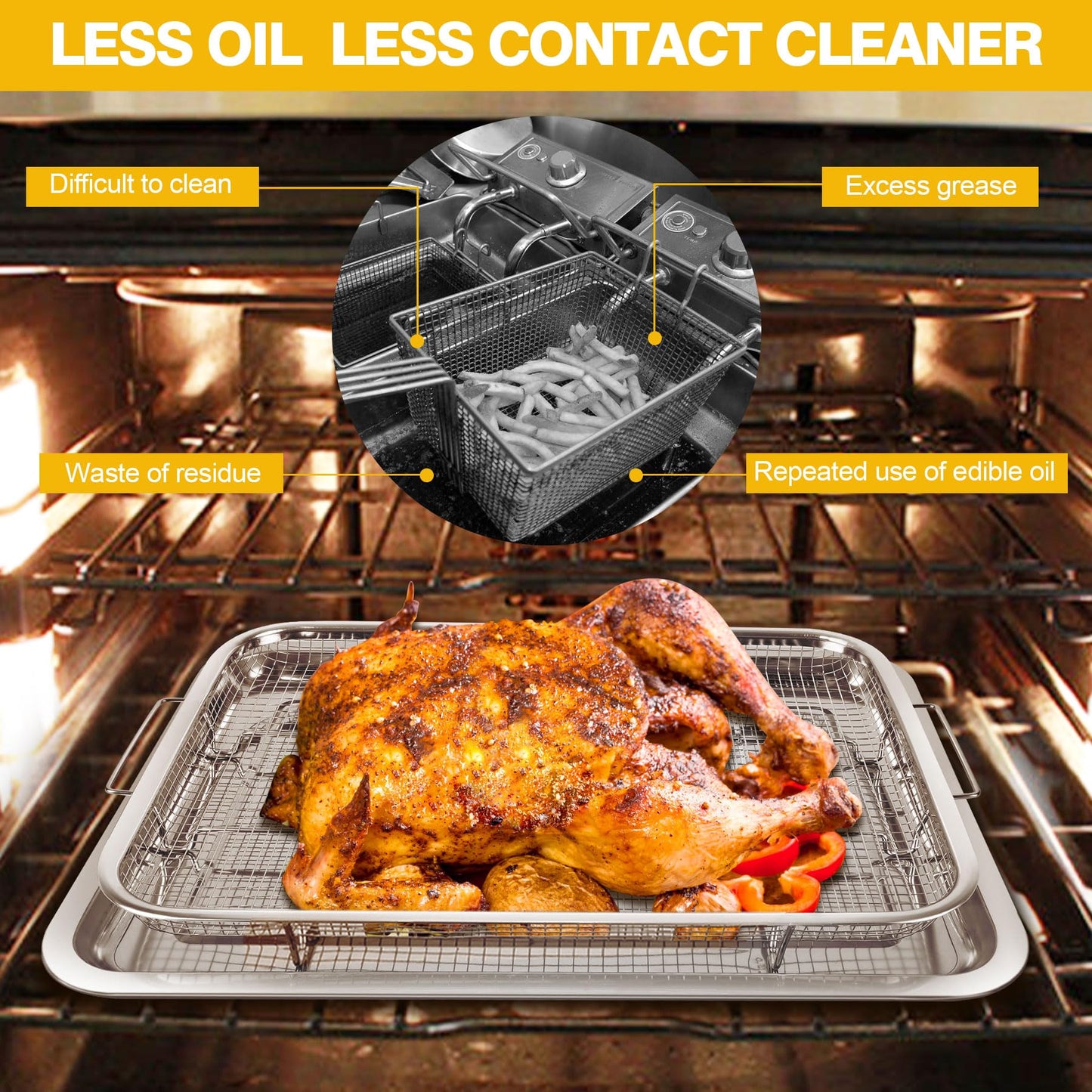 Extra Large Air Fryer Basket for Oven 18 x 12 Inch Stainless Steel, Oven Air Fryer Basket and Tray Set with 30 PCS Parchment Papers, Bacon Cooker Broiler Pan for Oven, Bakeware Sets Oven Rack-2 Piece