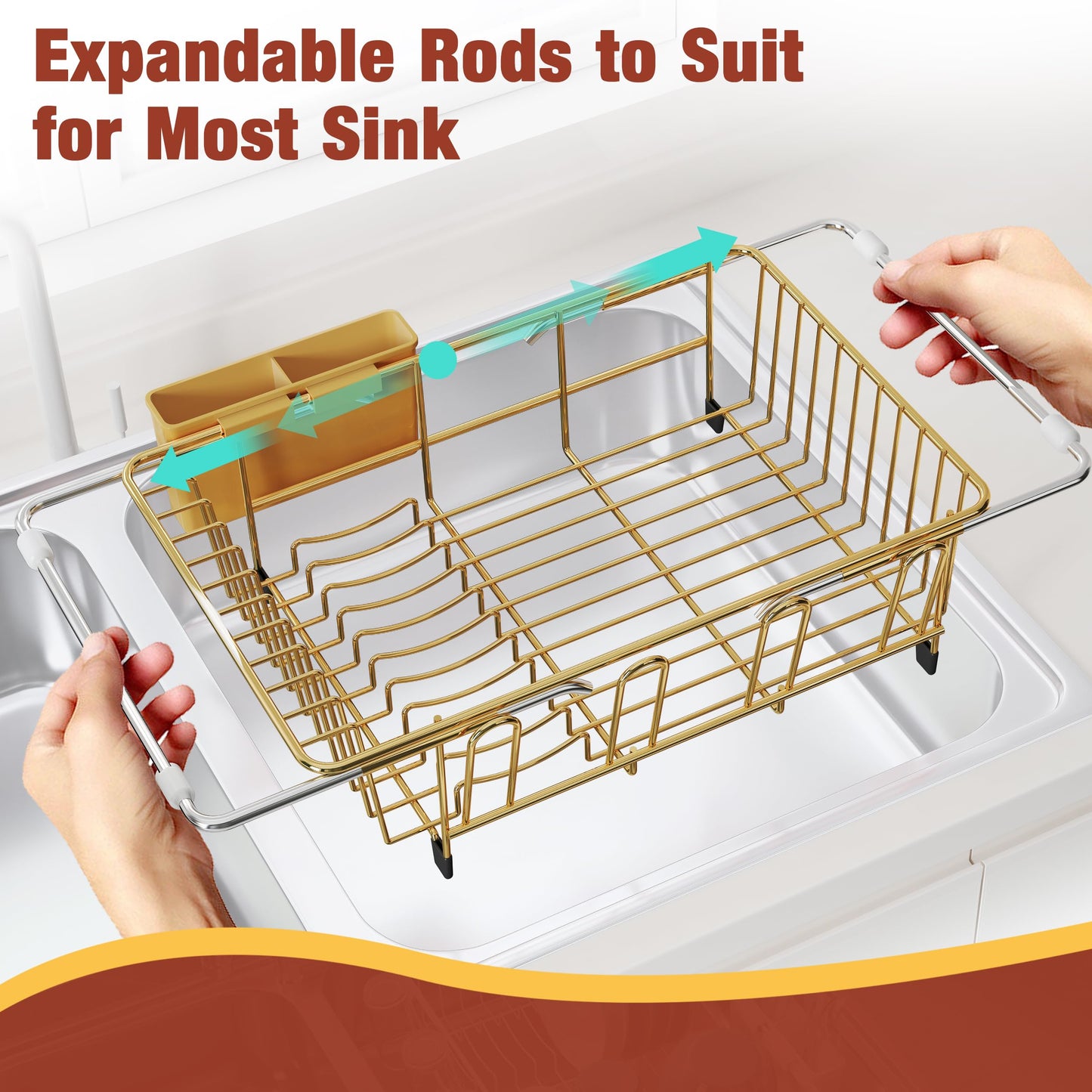 JASIWAY Gold in Sink Dish Drying Rack, Expandable Stainless Steel Small Dish Rack Over Kitchen Sink, Plate Drainer Strainer with Utensil Holder & Cup Holders, Counter Space Saving Wire Dryer Rack